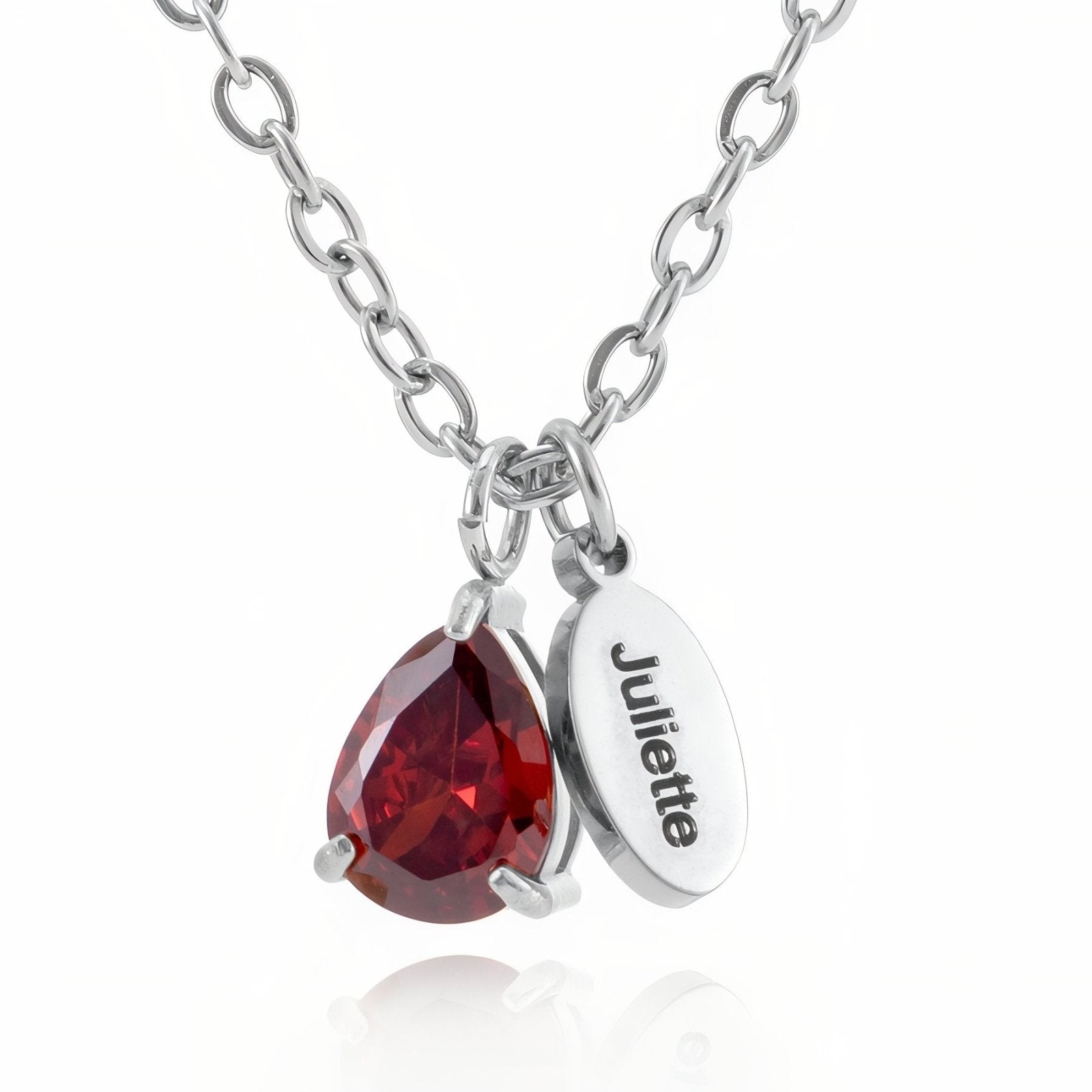 Collier pierre de naissance personnalisé, goutte zircon et prénom, en inox, modèle Pearl