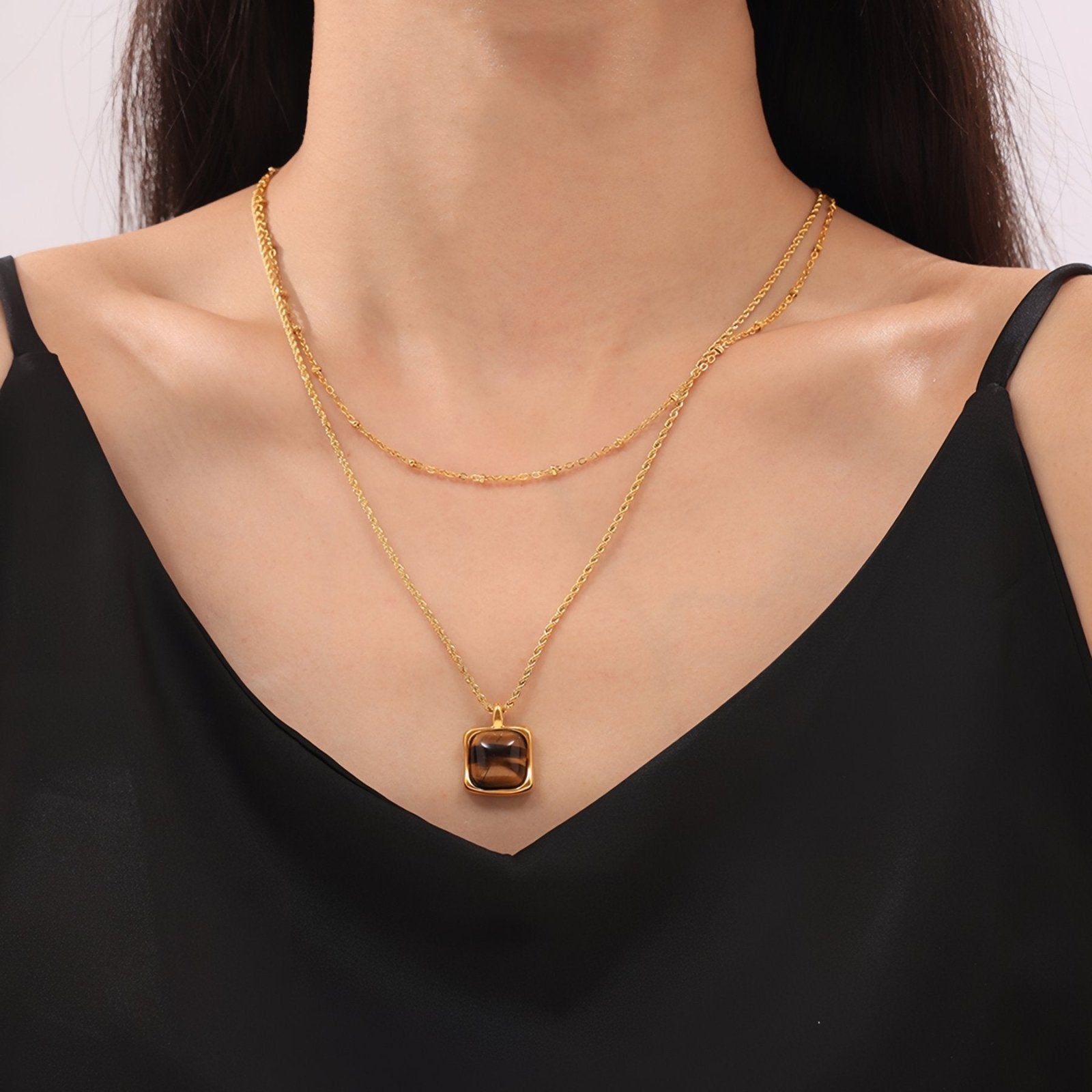 Collier pierre œil de tigre naturel, pendentif carré doré, en acier inoxydable