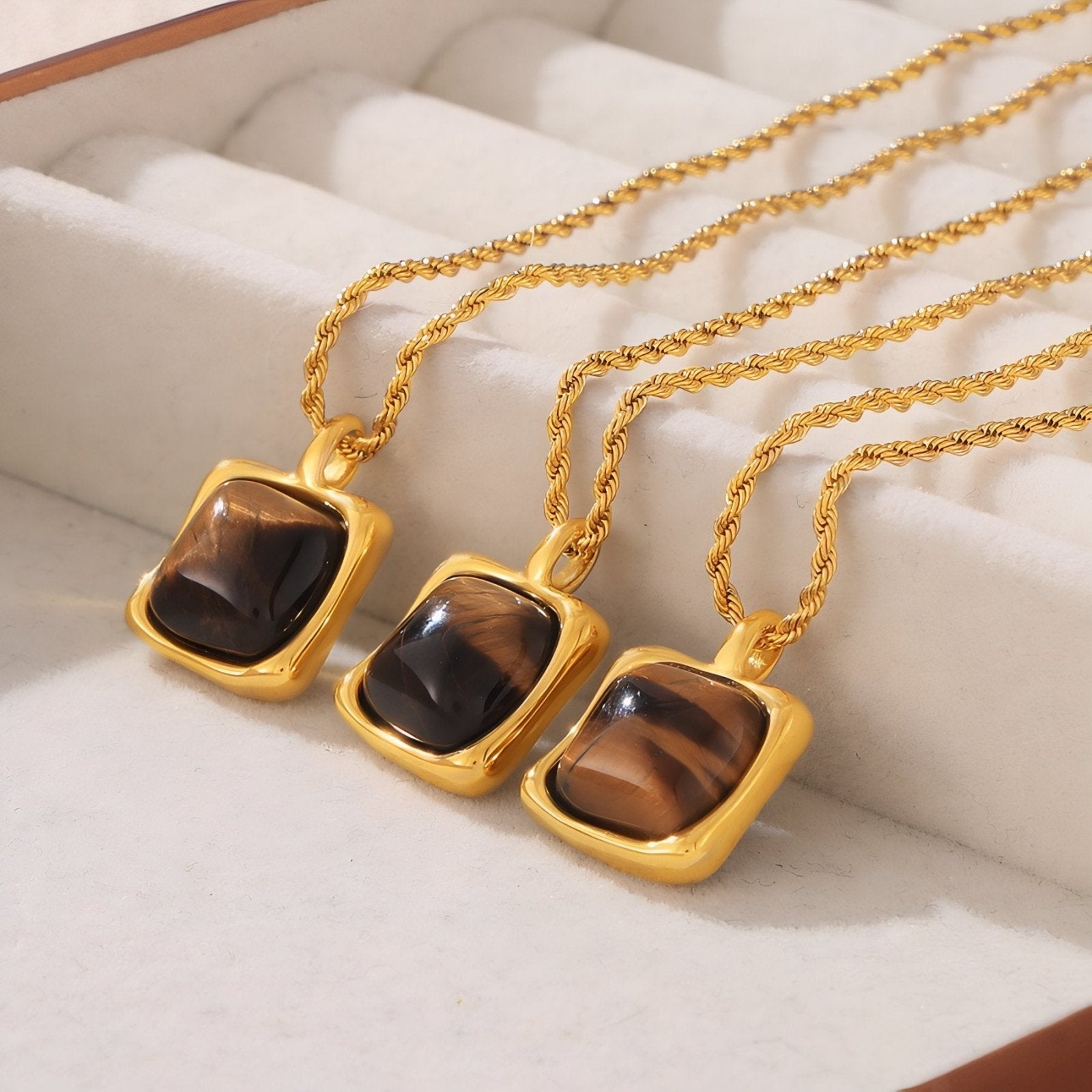 Collier pierre œil de tigre naturel, pendentif carré doré, en acier inoxydable