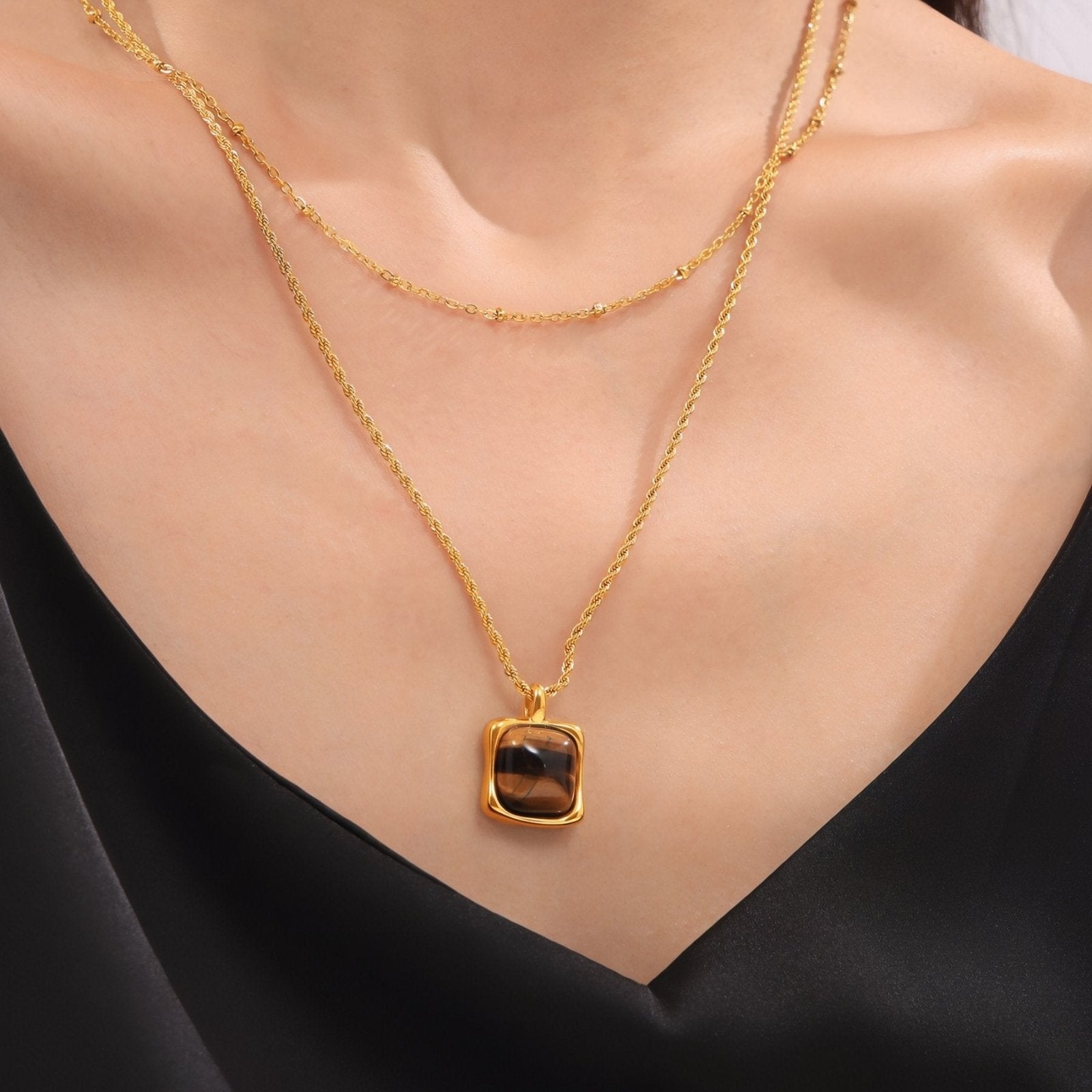 Collier pierre œil de tigre naturel, pendentif carré doré, en acier inoxydable