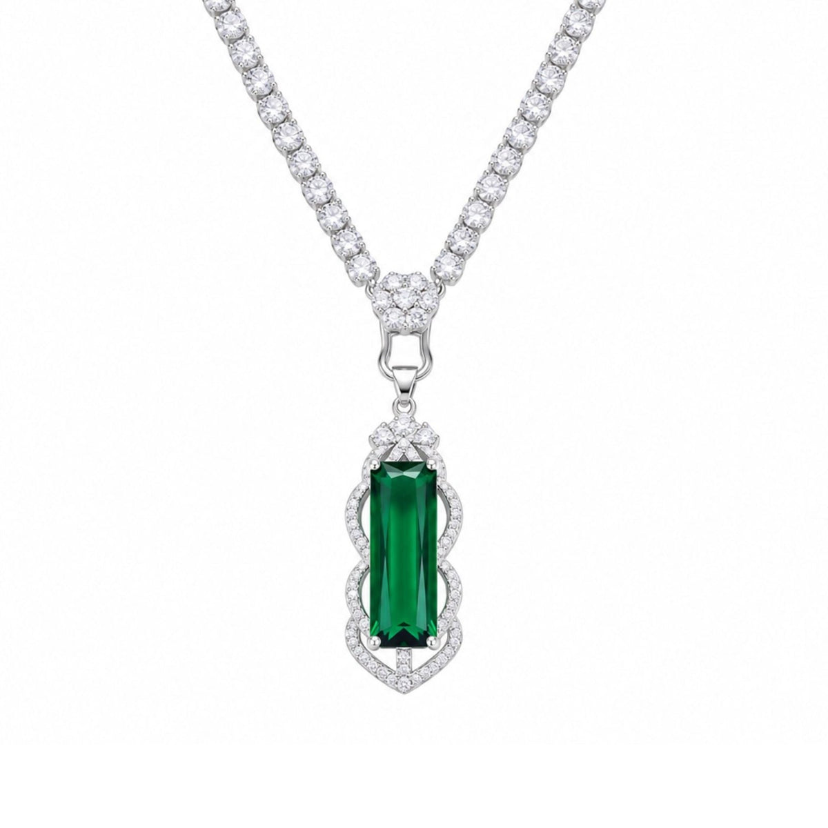 Collier pierre précieuse baguette pour femme en métal argenté, pendentif serti de pierres blanches