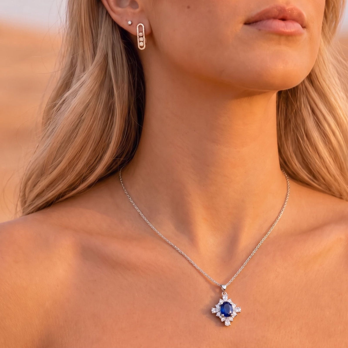 Collier pierre précieuse pour femme, en cuivre argenté, pendentif ovale entouré de pierres blanches