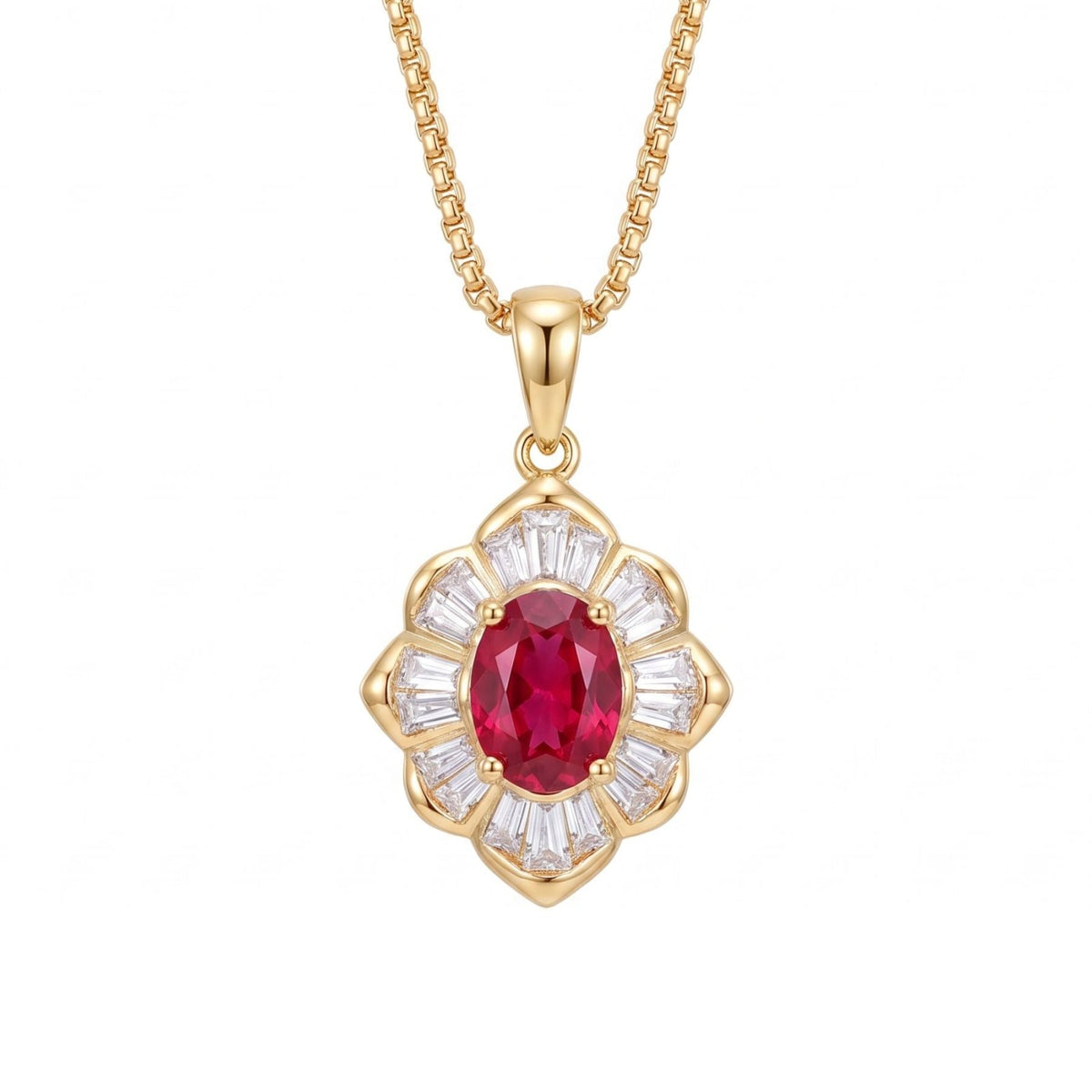 Collier pierre précieuse pour femme, en cuivre doré, pendentif floral entouré de pétales scintillants.