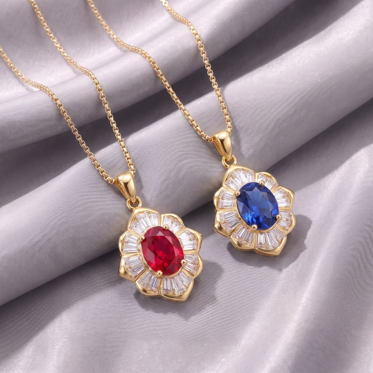 Collier pierre précieuse pour femme, en cuivre doré, pendentif floral entouré de pétales scintillants.