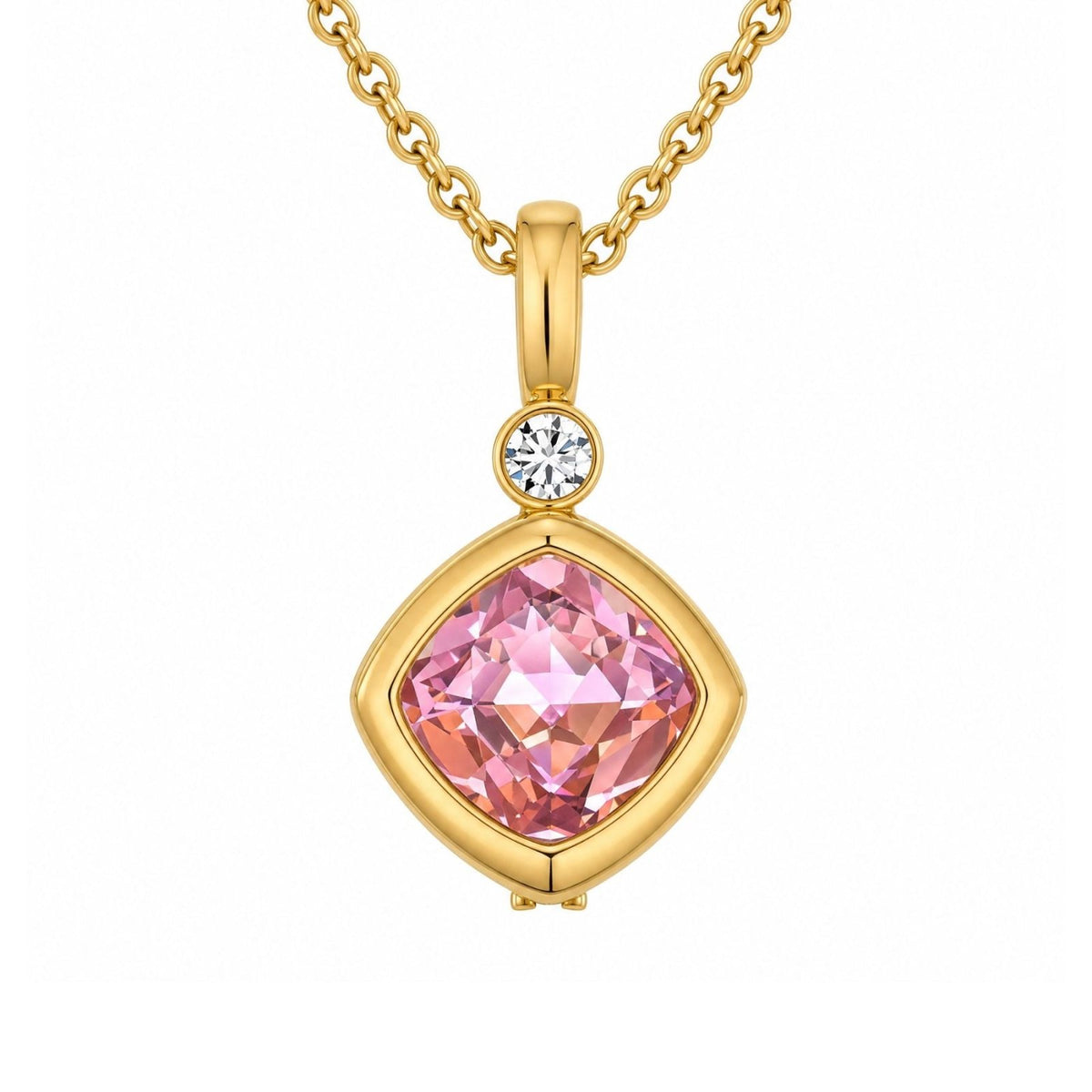 Collier pierre rose pour femme, en acier inoxydable doré, pendentif géométrique élégant à zircon facetté