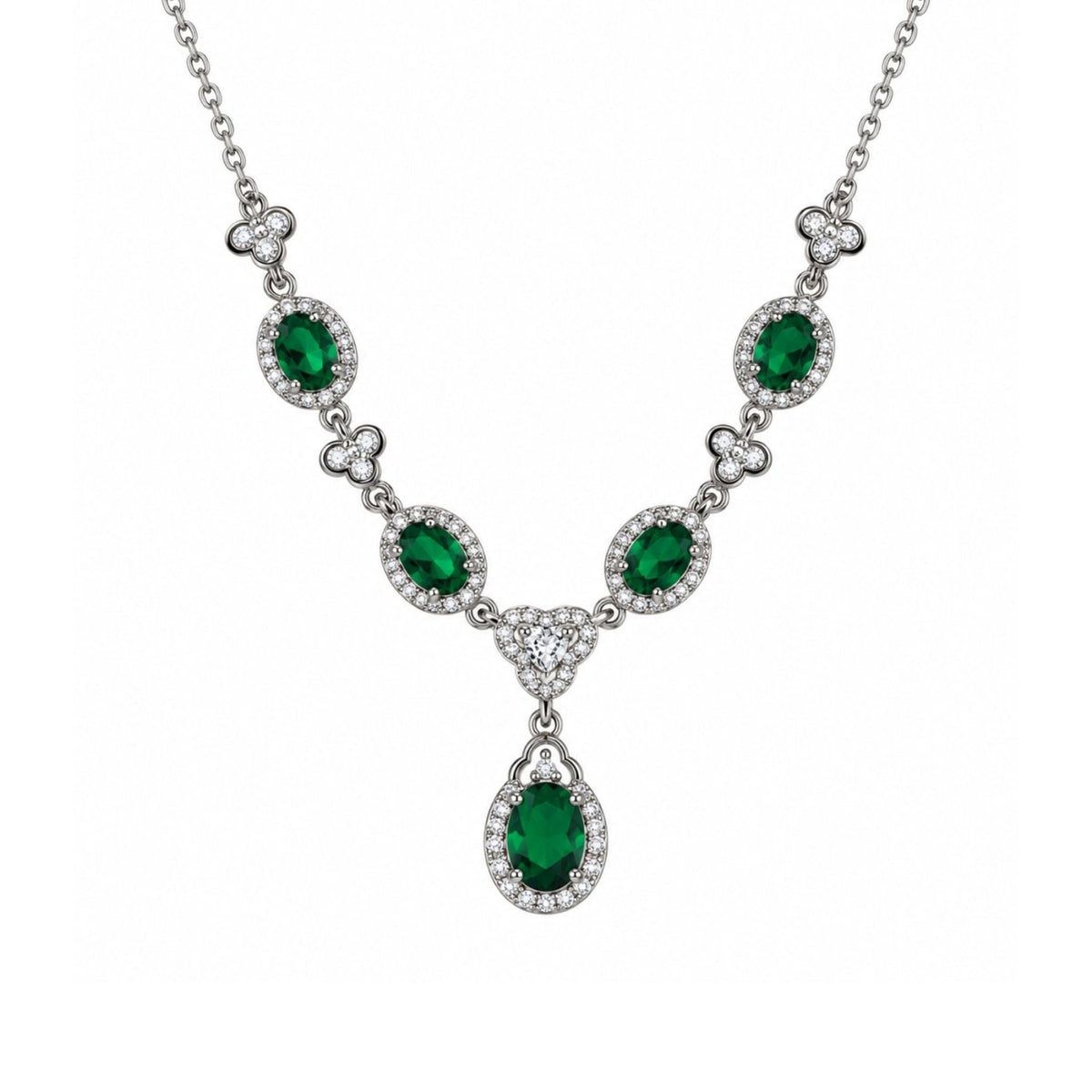 Collier pierres ovales pour femme en métal argenté, pendentif central avec pierres effet topaze bleue, rubis ou émeraude entourées de pierres blanches