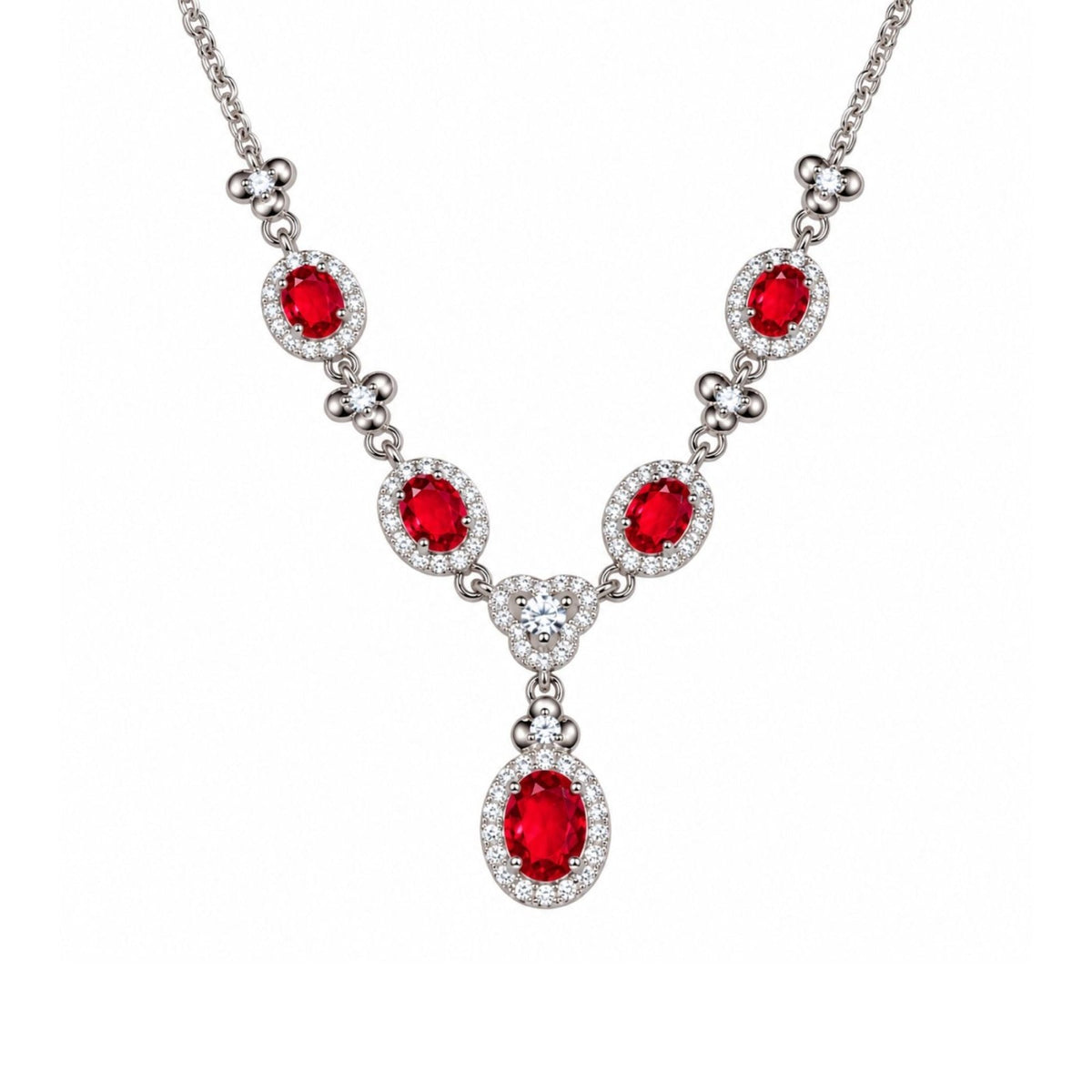 Collier pierres ovales pour femme en métal argenté, pendentif central avec pierres effet topaze bleue, rubis ou émeraude entourées de pierres blanches