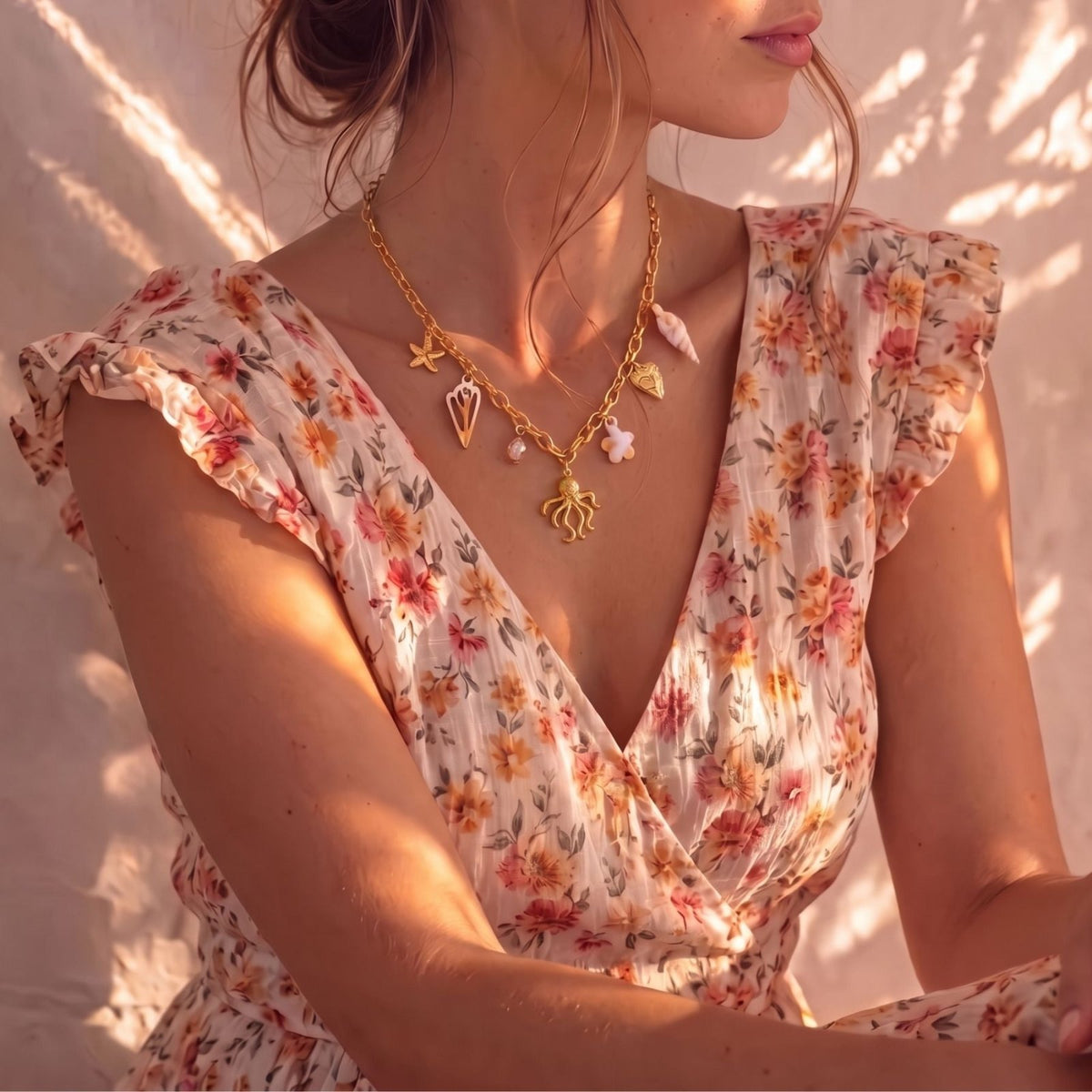 Collier pieuvre pour femme, en acier inoxydable doré, chaîne à maillons avec coquillages et charms marins