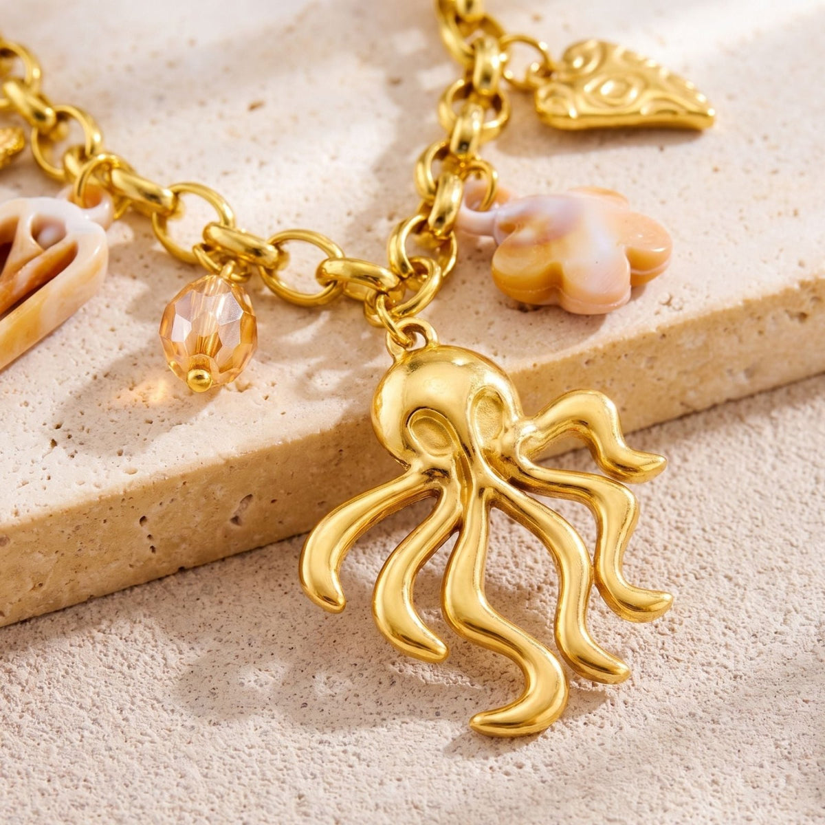 Collier pieuvre pour femme, en acier inoxydable doré, chaîne à maillons avec coquillages et charms marins