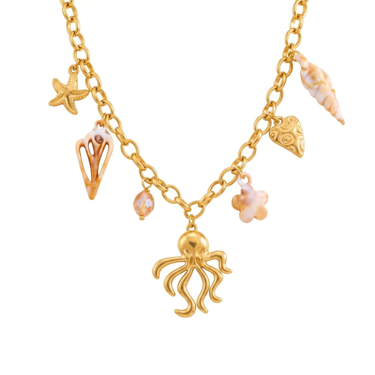 Collier pieuvre pour femme, en acier inoxydable doré, chaîne à maillons avec coquillages et charms marins