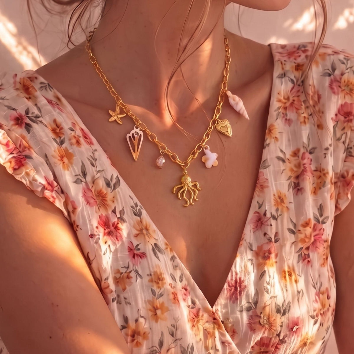 Collier pieuvre pour femme, en acier inoxydable doré, chaîne à maillons avec coquillages et charms marins