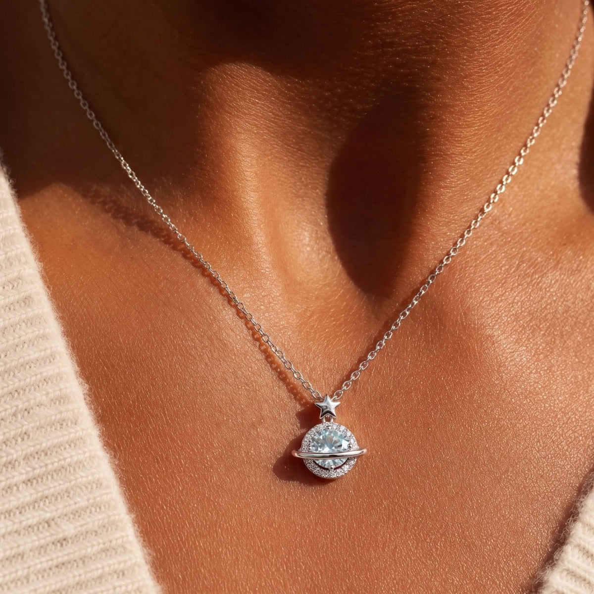 Collier planète pour femme, en argent 925, avec étoile et zircon
