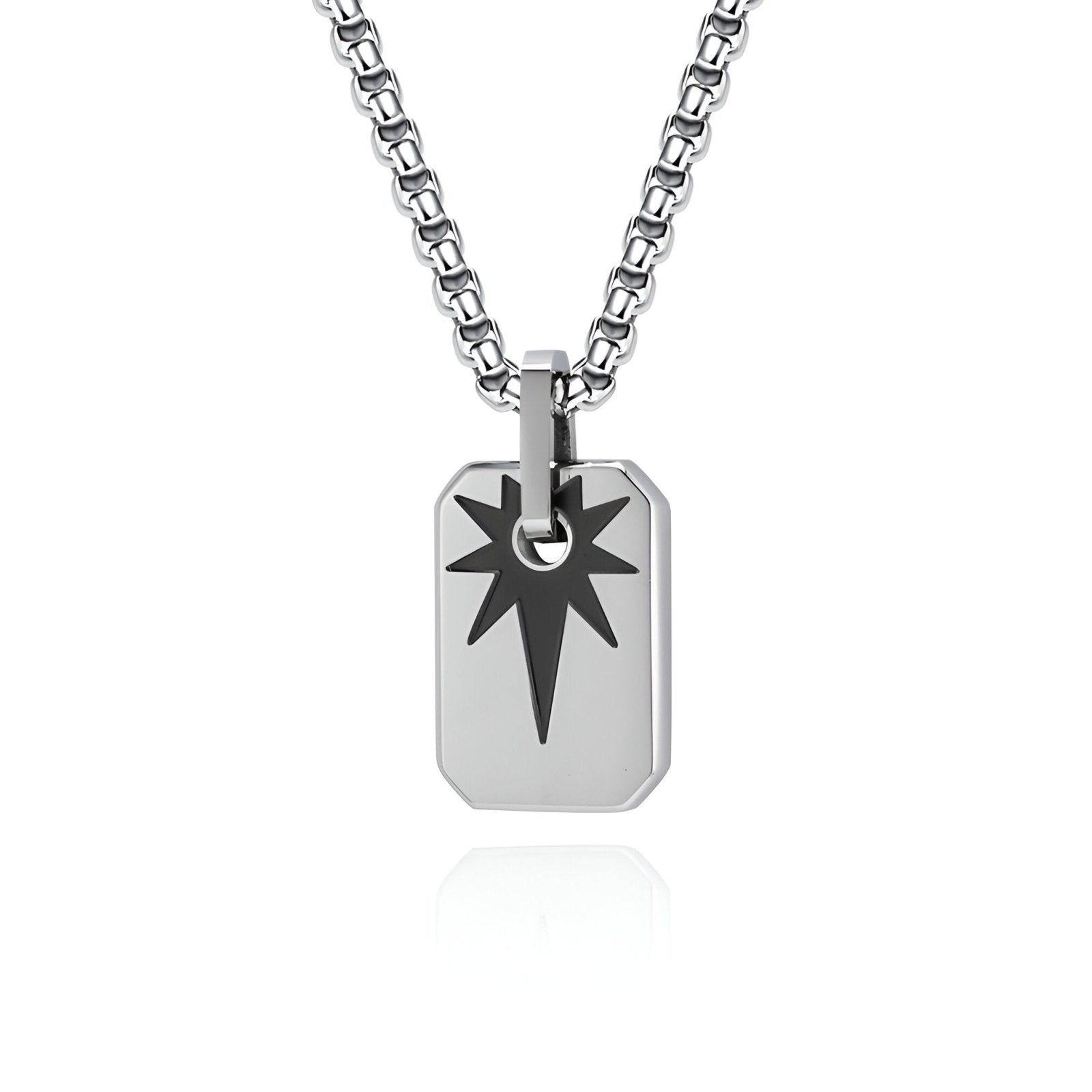 Collier plaque homme, pendentif gravé étoile rayonnante, look contemporain, modèle Léon