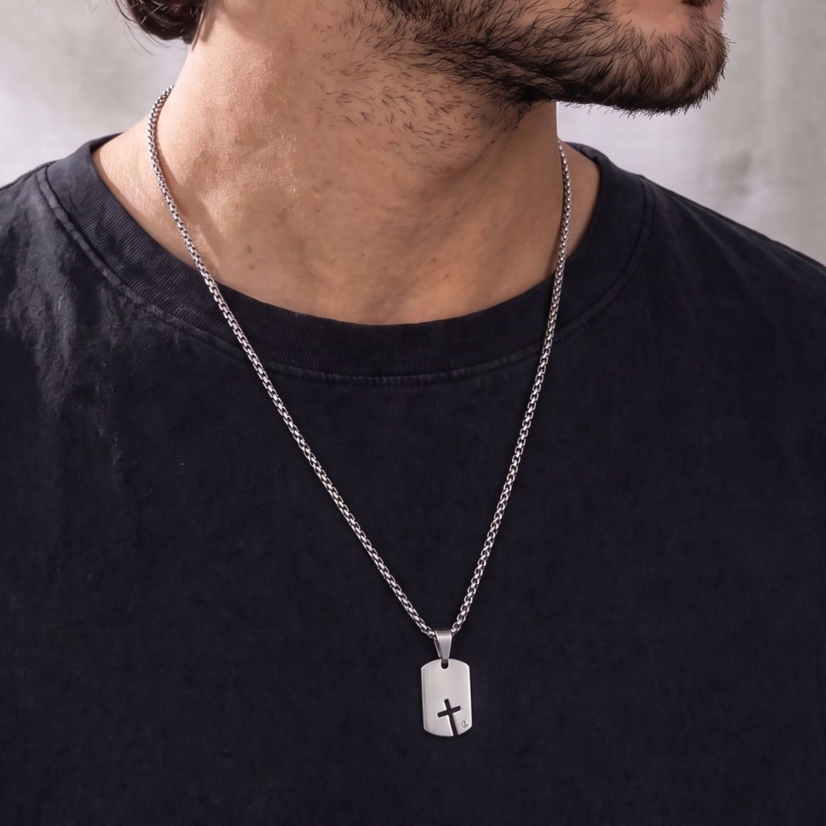 Collier plaque militaire croix pour homme, en acier inoxydable, pendentif rectangulaire orné d’une pierre colorée