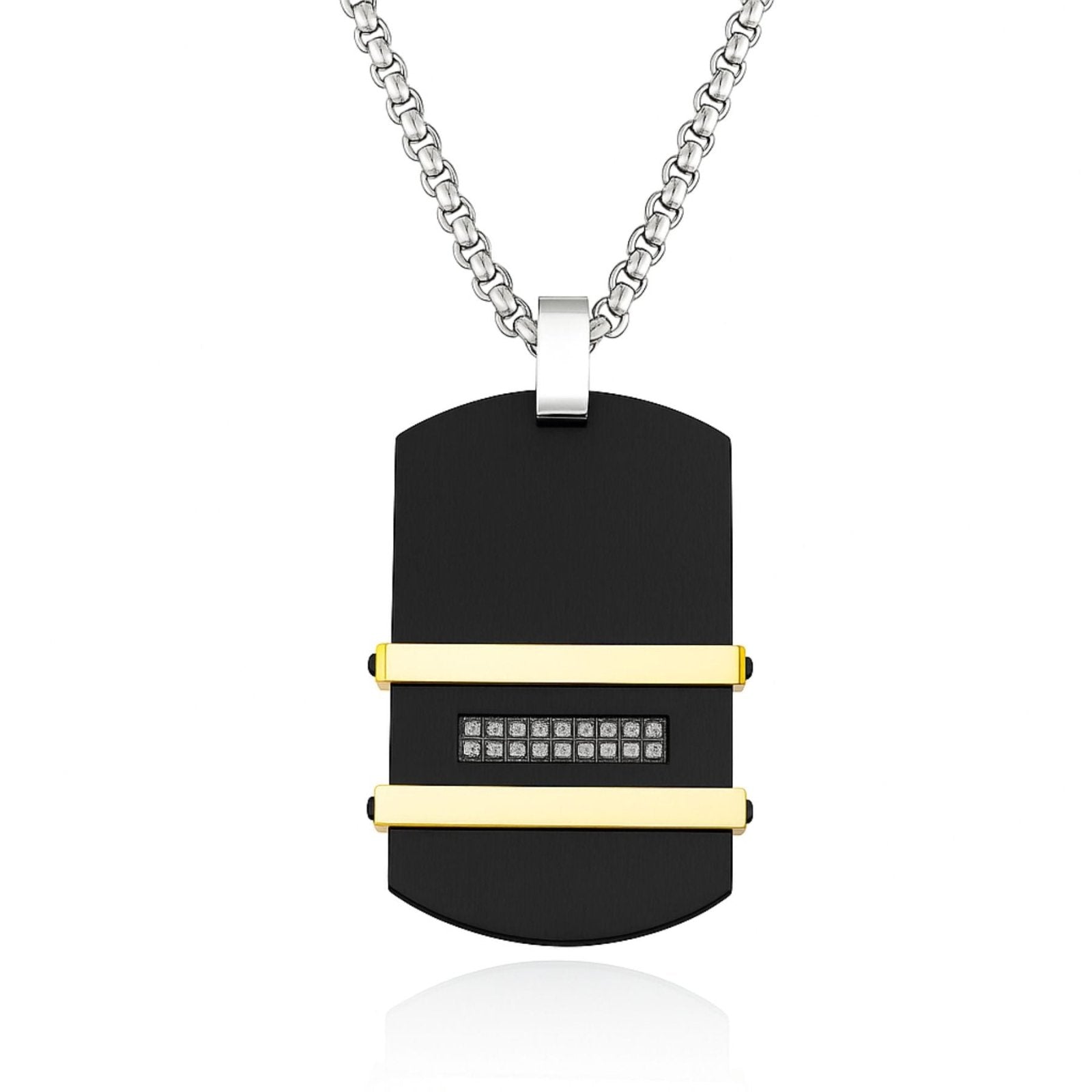Collier Plaque militaire, en titane noir, ornée de zirconiums, maille jaseron, modèle Maverick