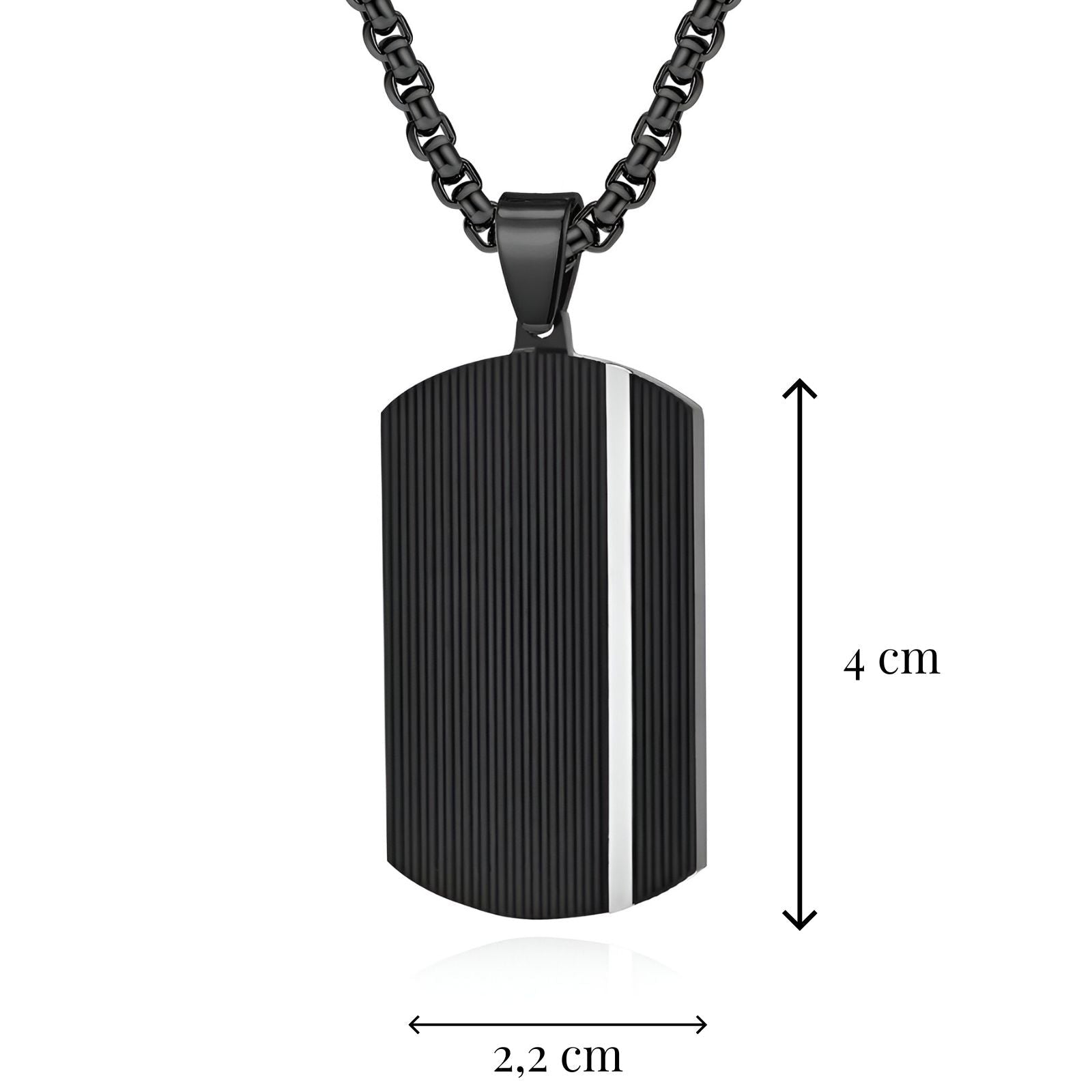 Collier plaque militaire noire, rainurée et minimaliste, maille jaseron, modèle Carter