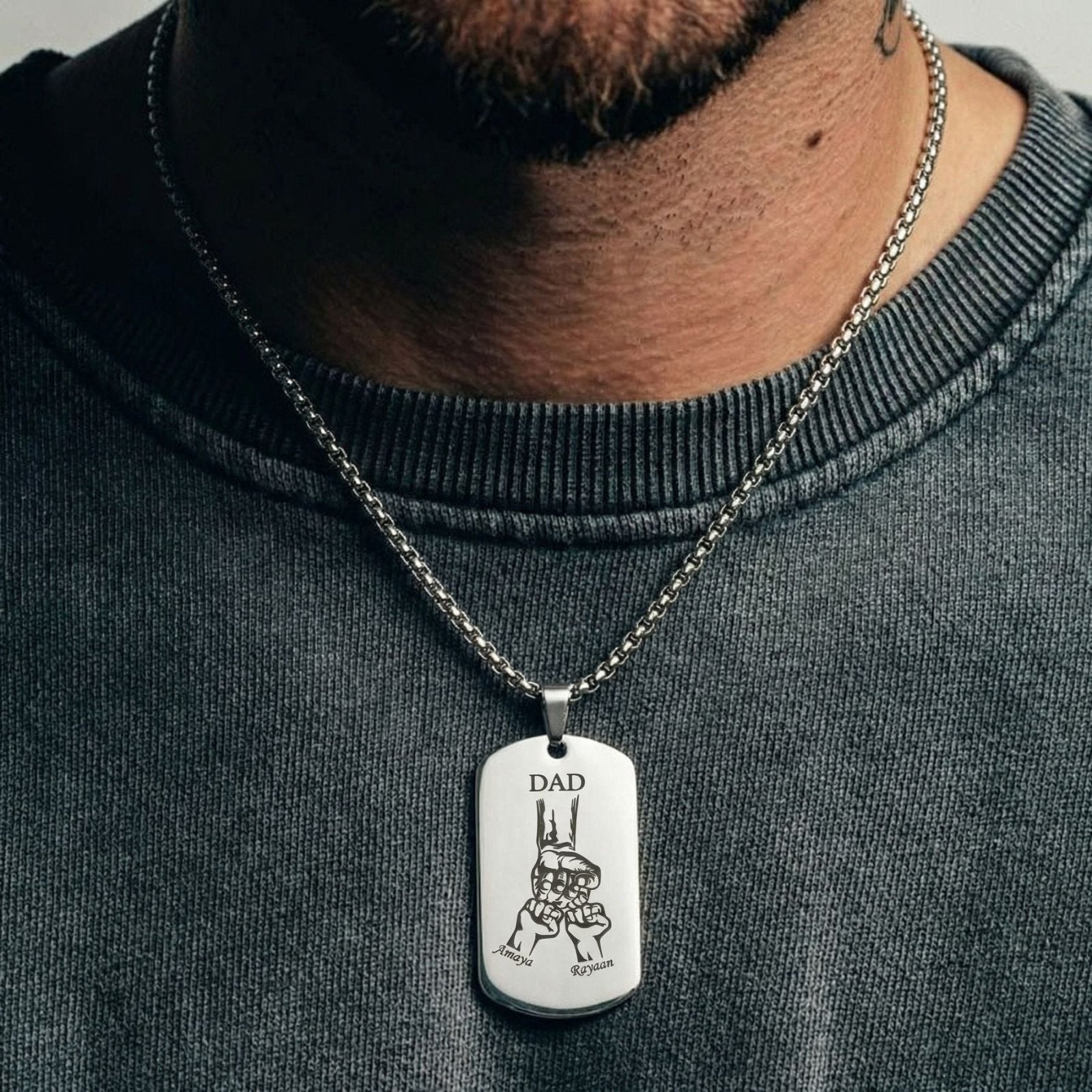 Collier plaque militaire personnalisée pour homme, "DAD" et prénoms gravés, en acier inoxydable