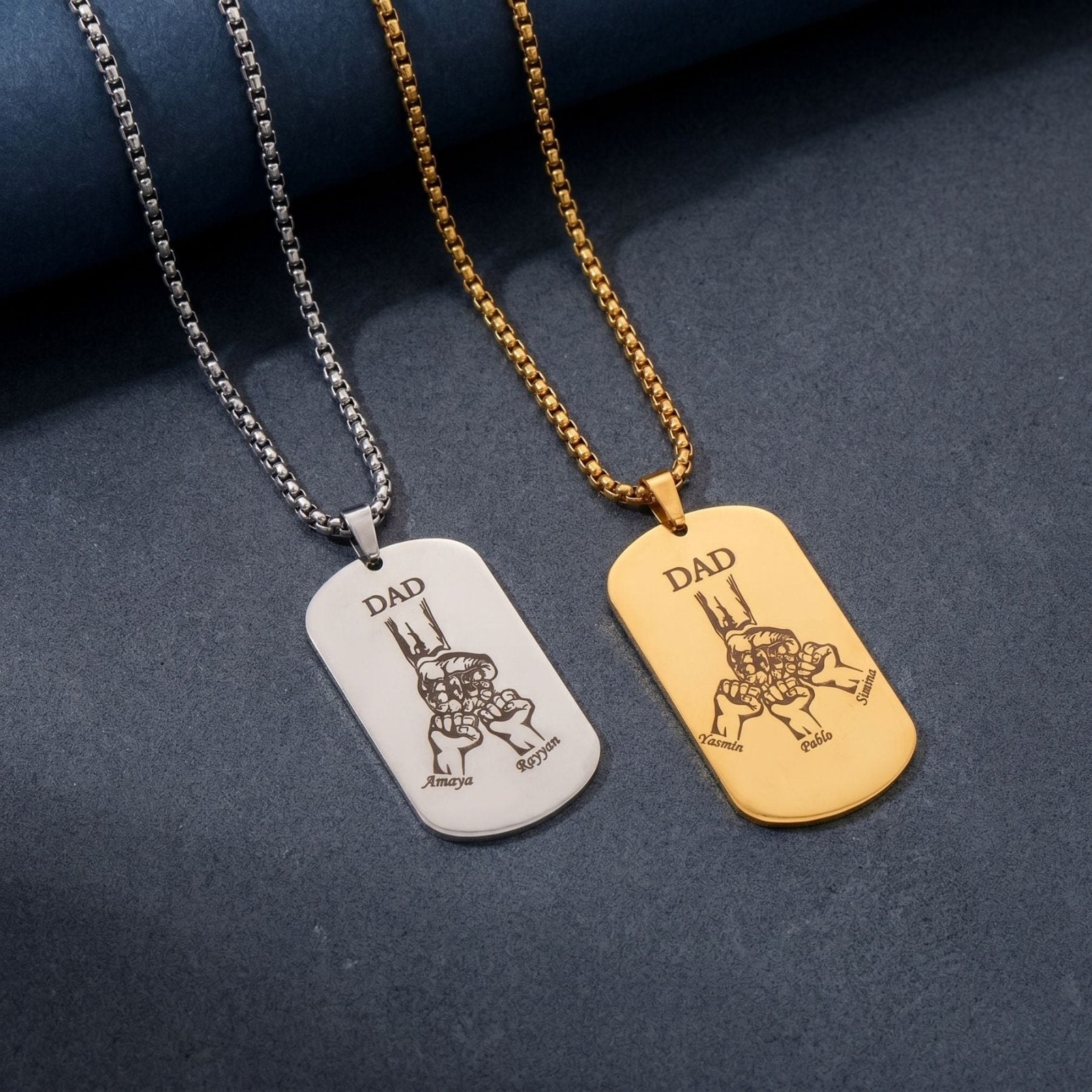 Collier plaque militaire personnalisée pour homme, "DAD" et prénoms gravés, en acier inoxydable