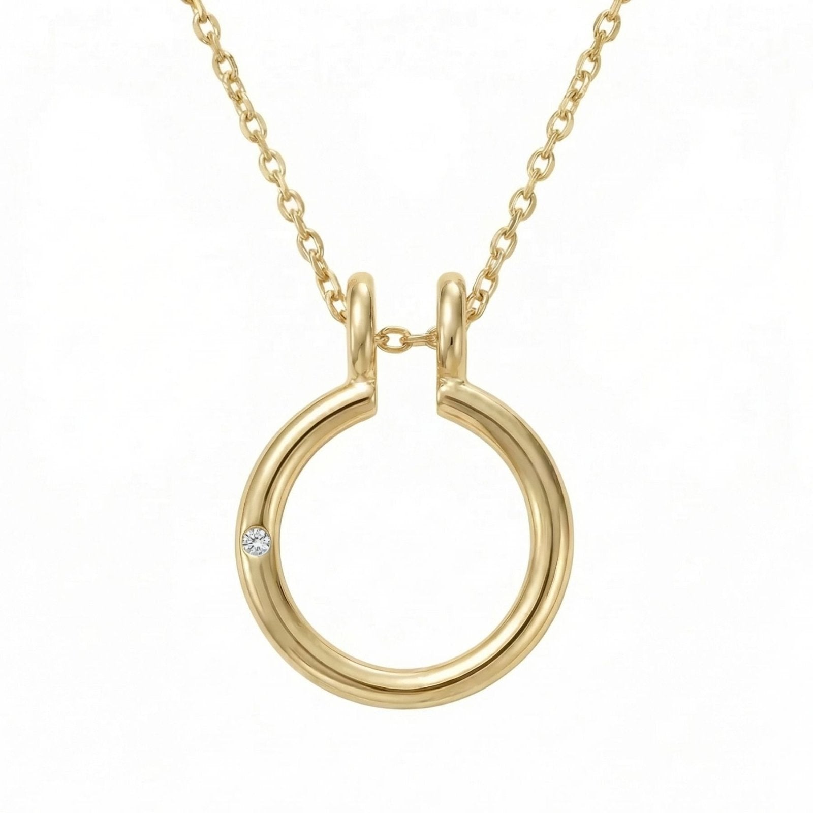 Collier porte bague pour femme, avec pendentif anneau circulaire et zircon, en acier inoxydable