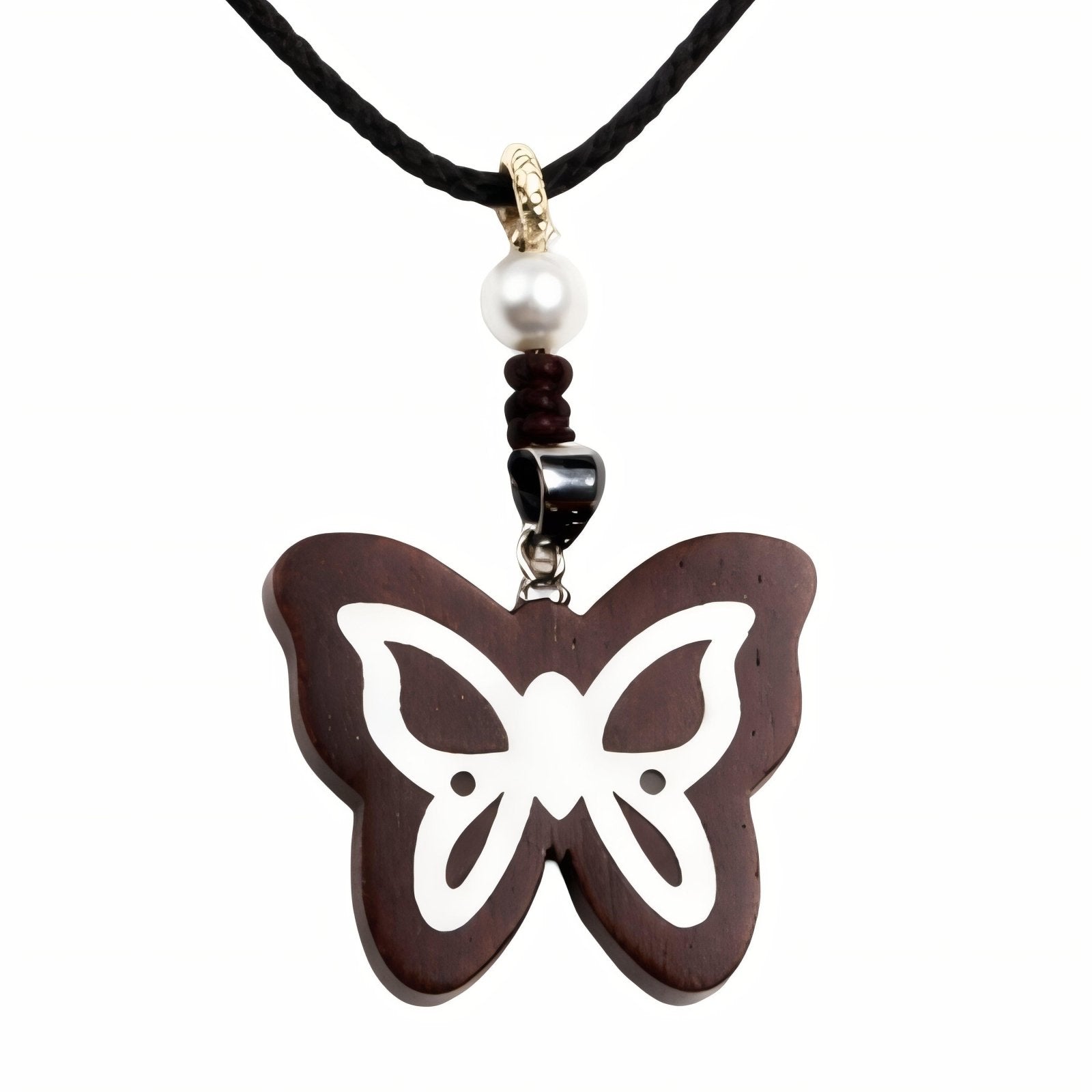Collier pour femme en bois de santal, avec pendentif papillon incrusté d'argent, cordon ajustable