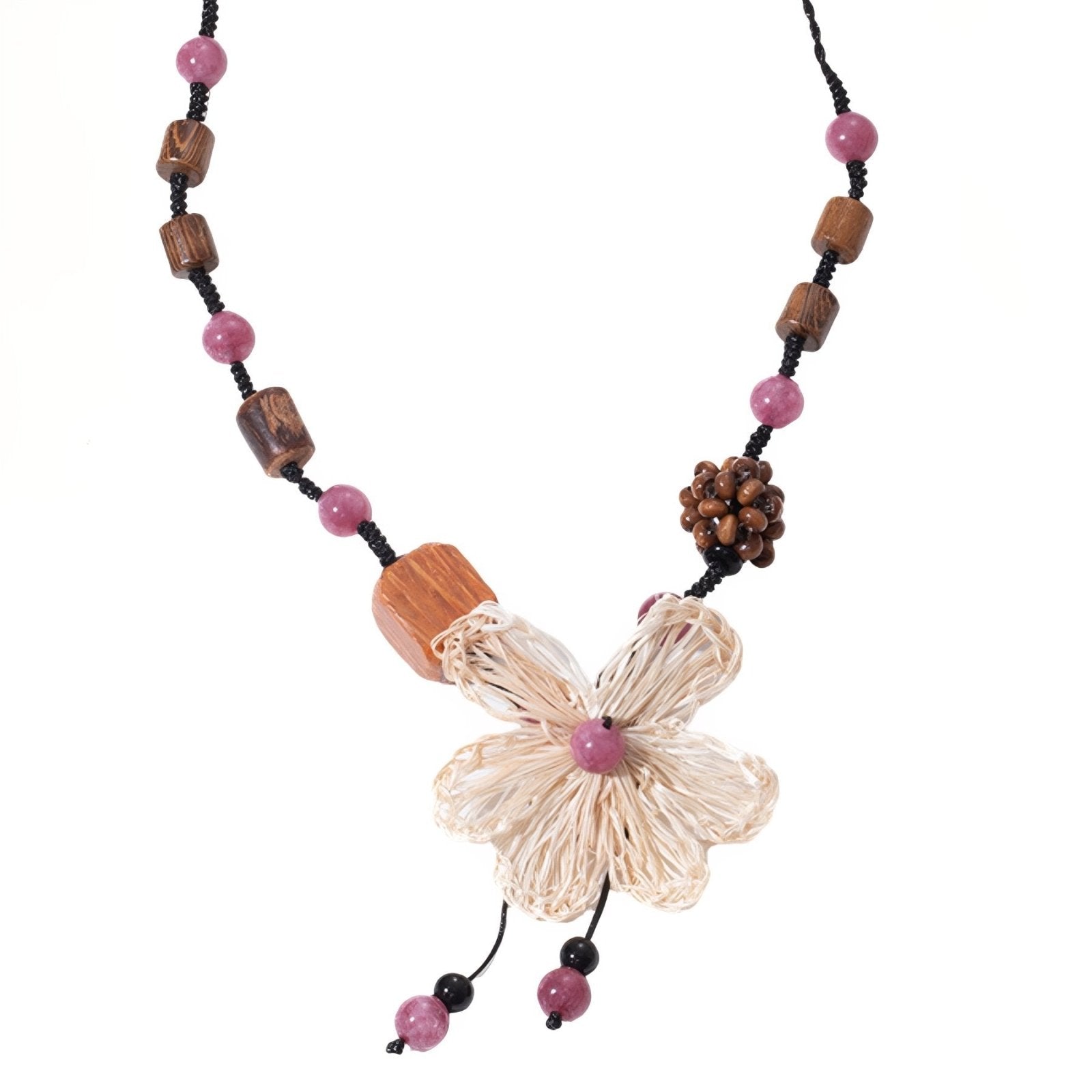 Collier pour Femme en Perles de Bois, avec fibre végétales, cordon ajustable, style asiatique