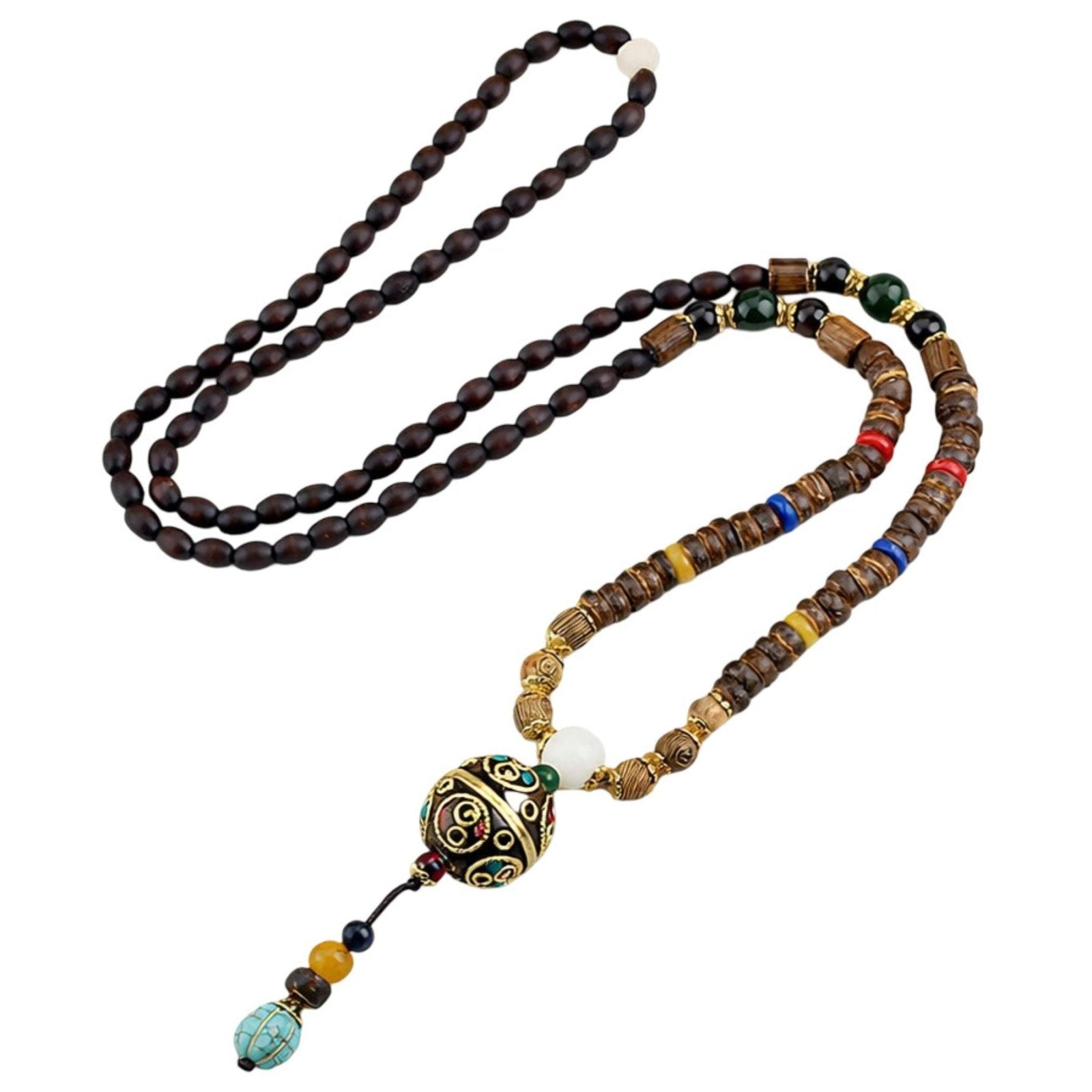 Collier pour femme en perles de bois, avec pendentif boule et pierre naturelle, style bohème