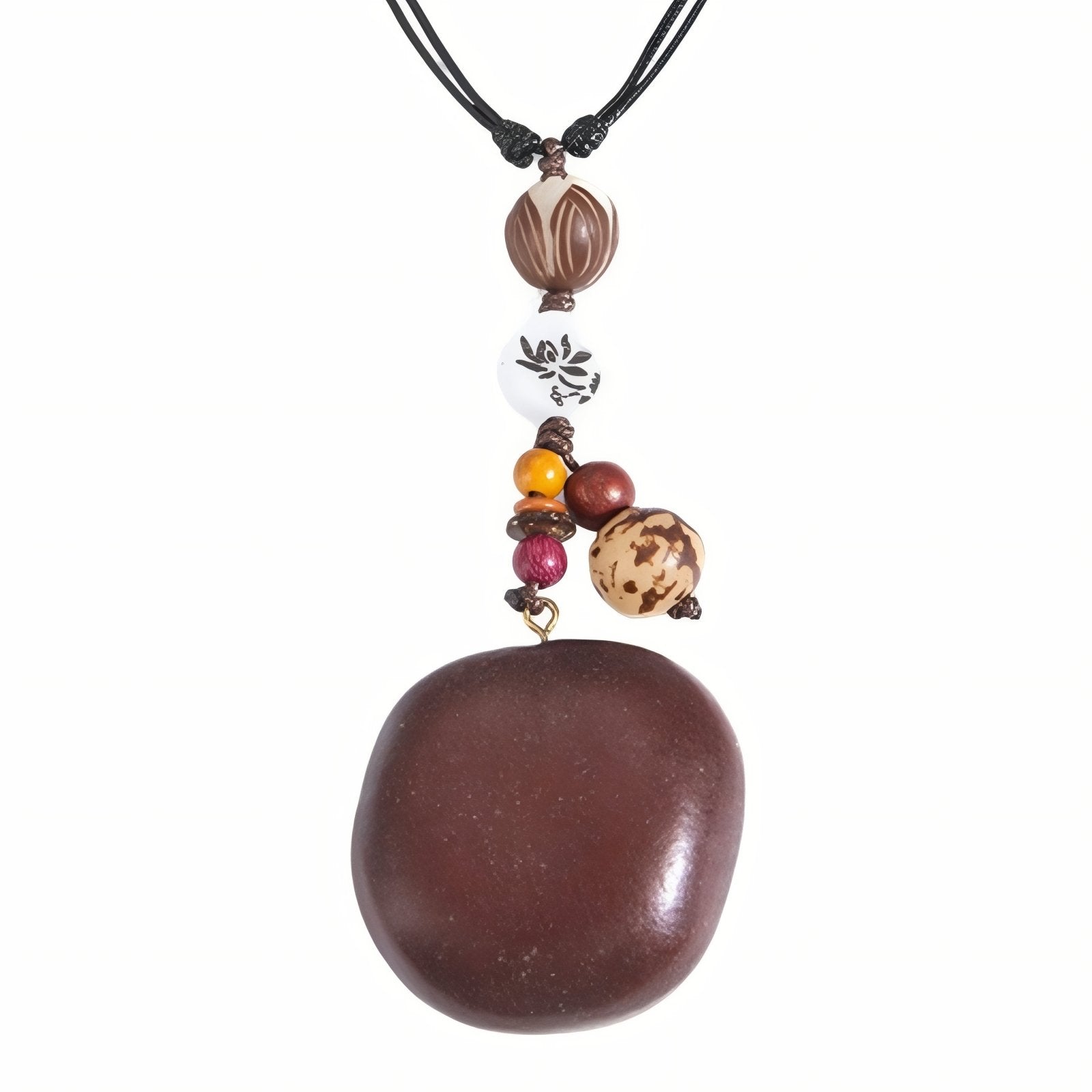 Collier pour femme en perles de bois, avec pendentif ethnique et long cordon noir