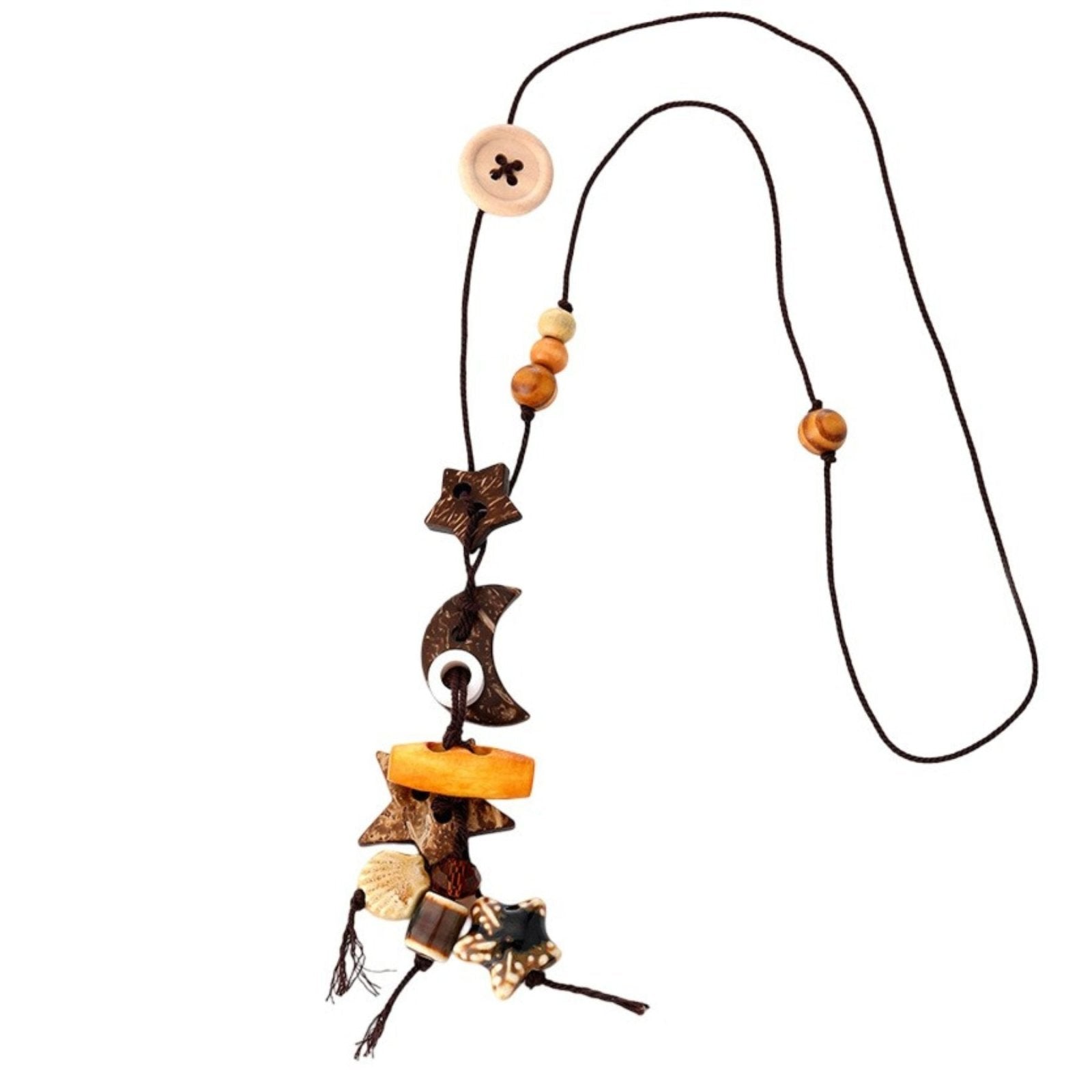 Collier pour femme en perles de bois, avec pendentif fleur, carré ou lune, cordon