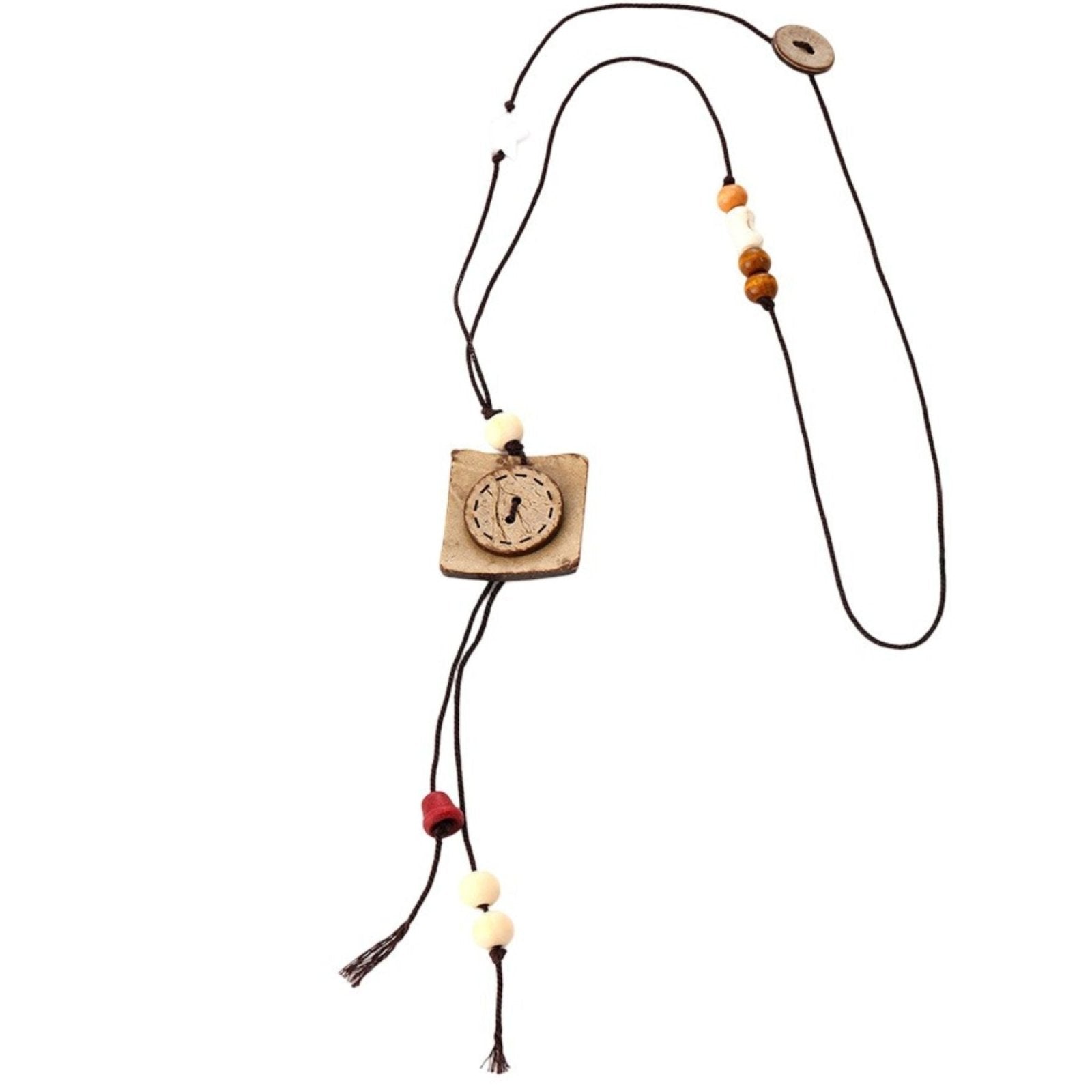 Collier pour femme en perles de bois, avec pendentif fleur, carré ou lune, cordon