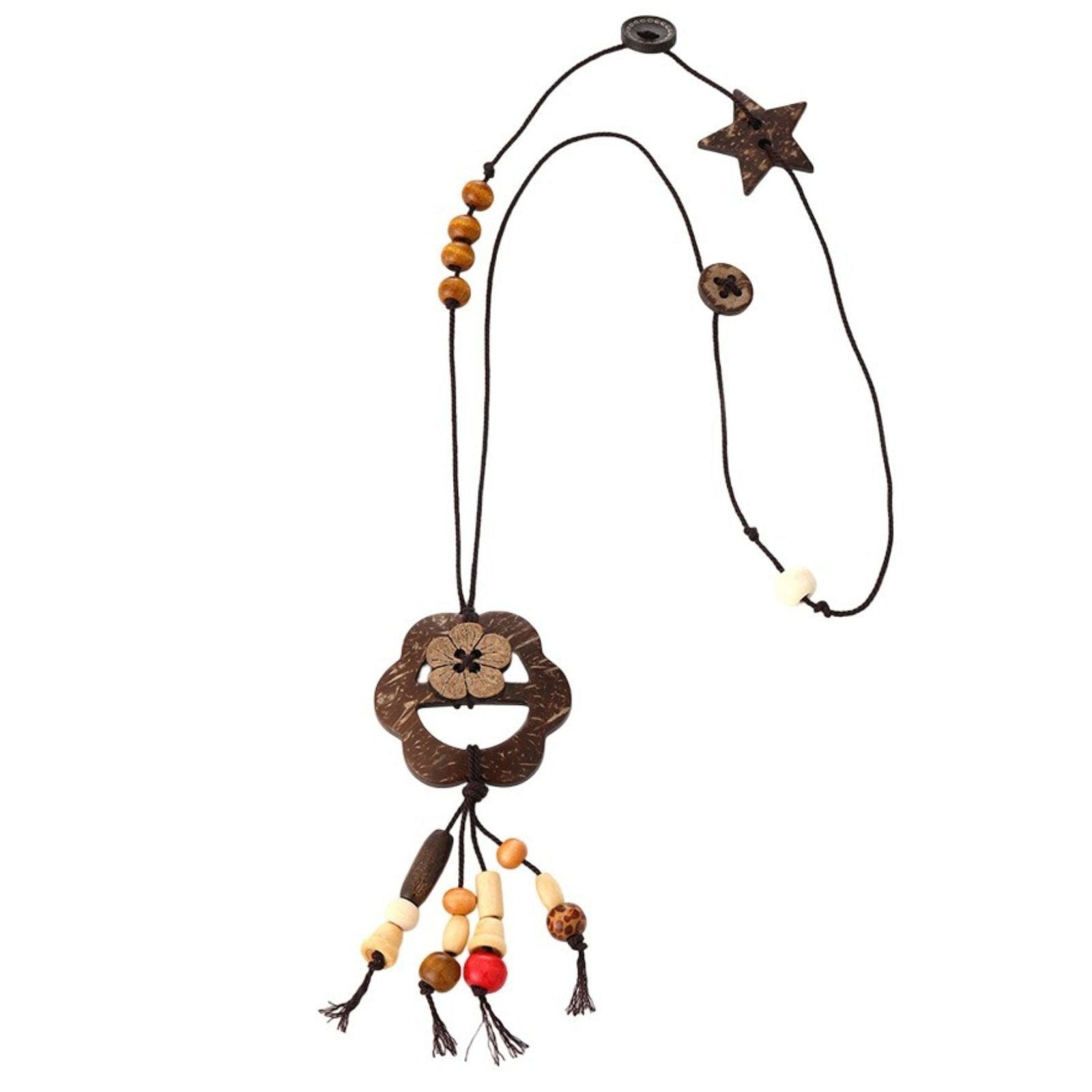 Collier pour femme en perles de bois, avec pendentif fleur, carré ou lune, cordon