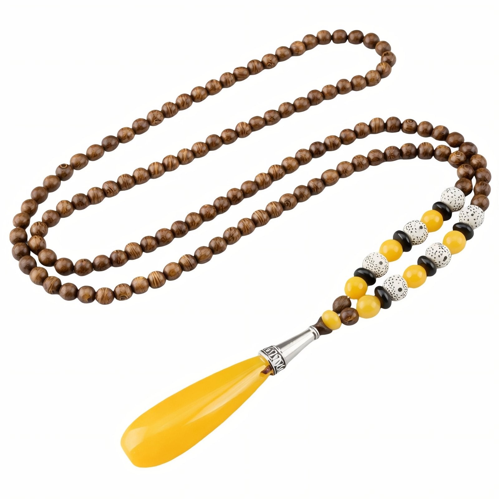 Collier pour femme en perles de bois, avec pendentif goutte d'eau jaune en résine orné d'alliage métallique, style artisanale