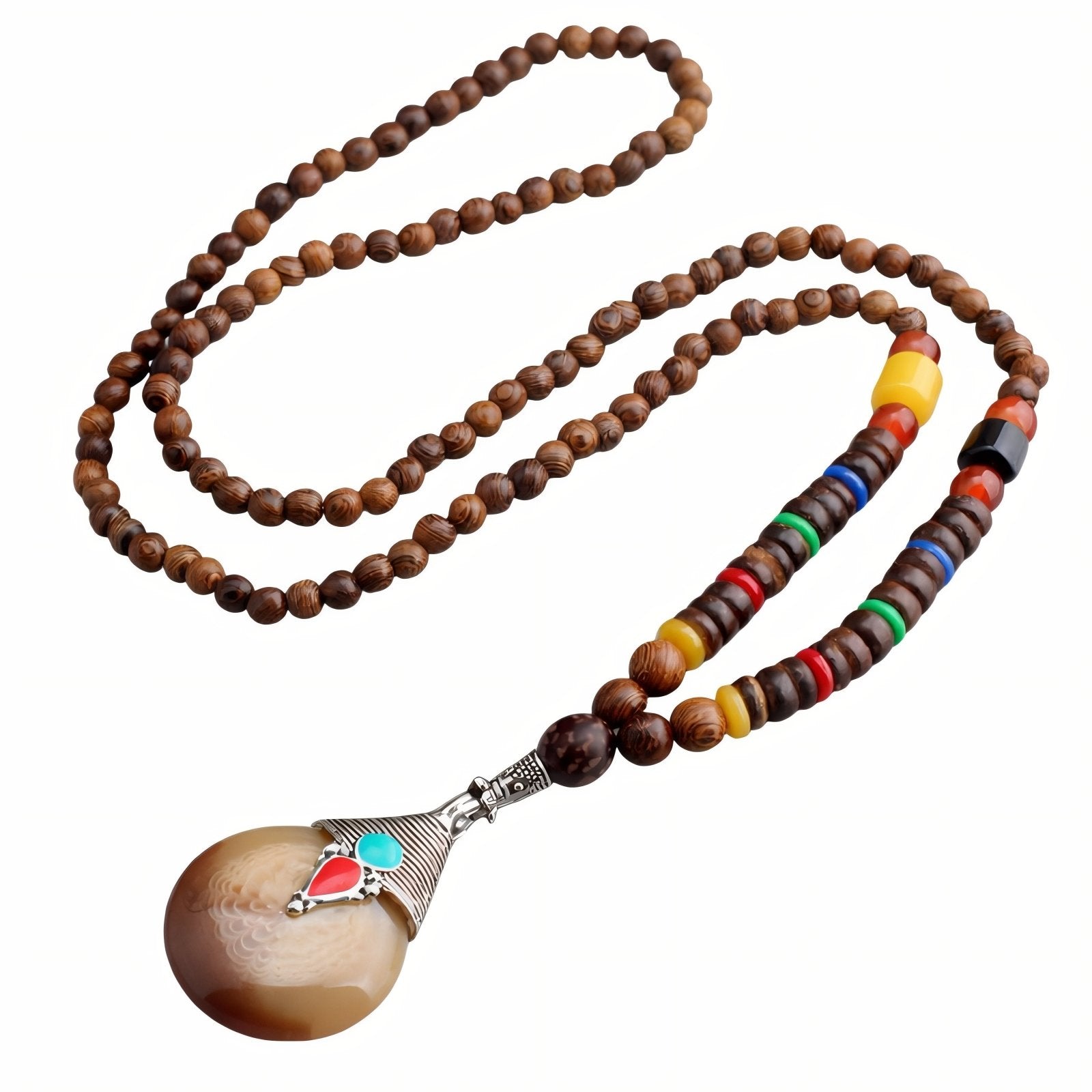 Collier pour femme en perles de bois, avec pendentif goutte en résine orné d'alliage métallique, style artisanale