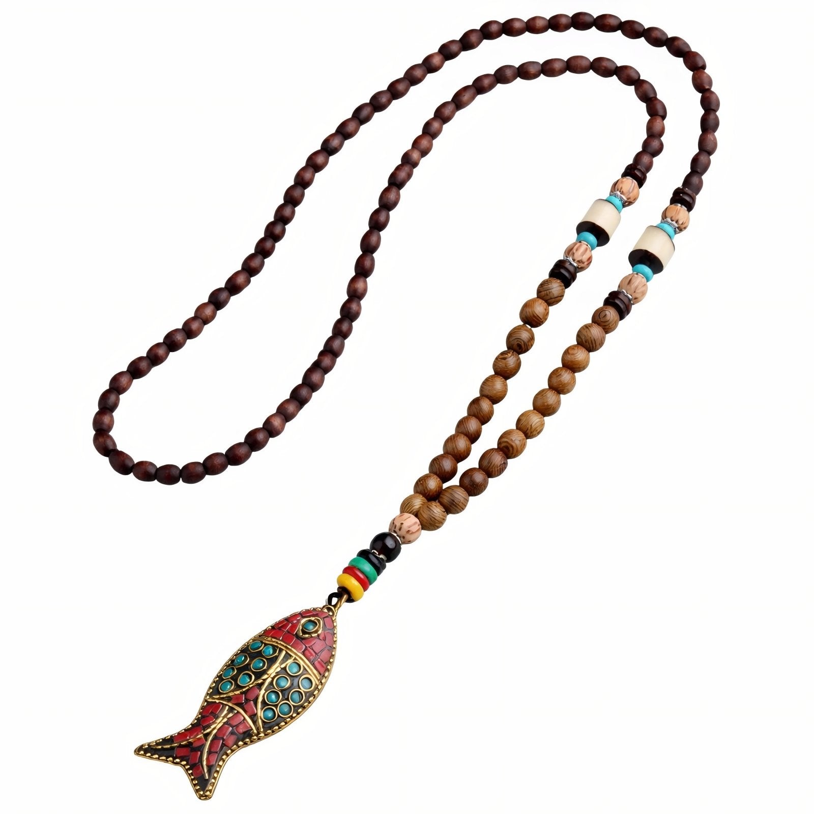 Collier pour femme en perles de bois, avec pendentif poisson orné d'alliage métallique, style artisanale