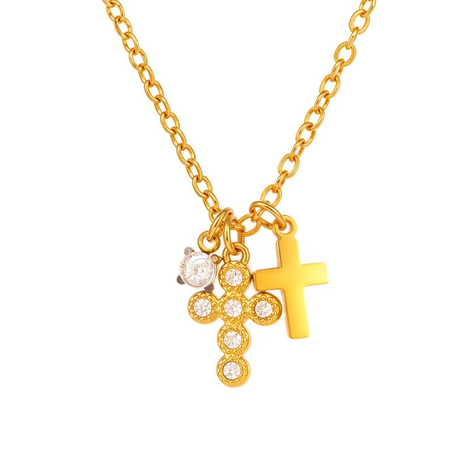 Collier pour femme pendentif croix double, style délicat et élégant, en acier inoxydable et zircons blancs