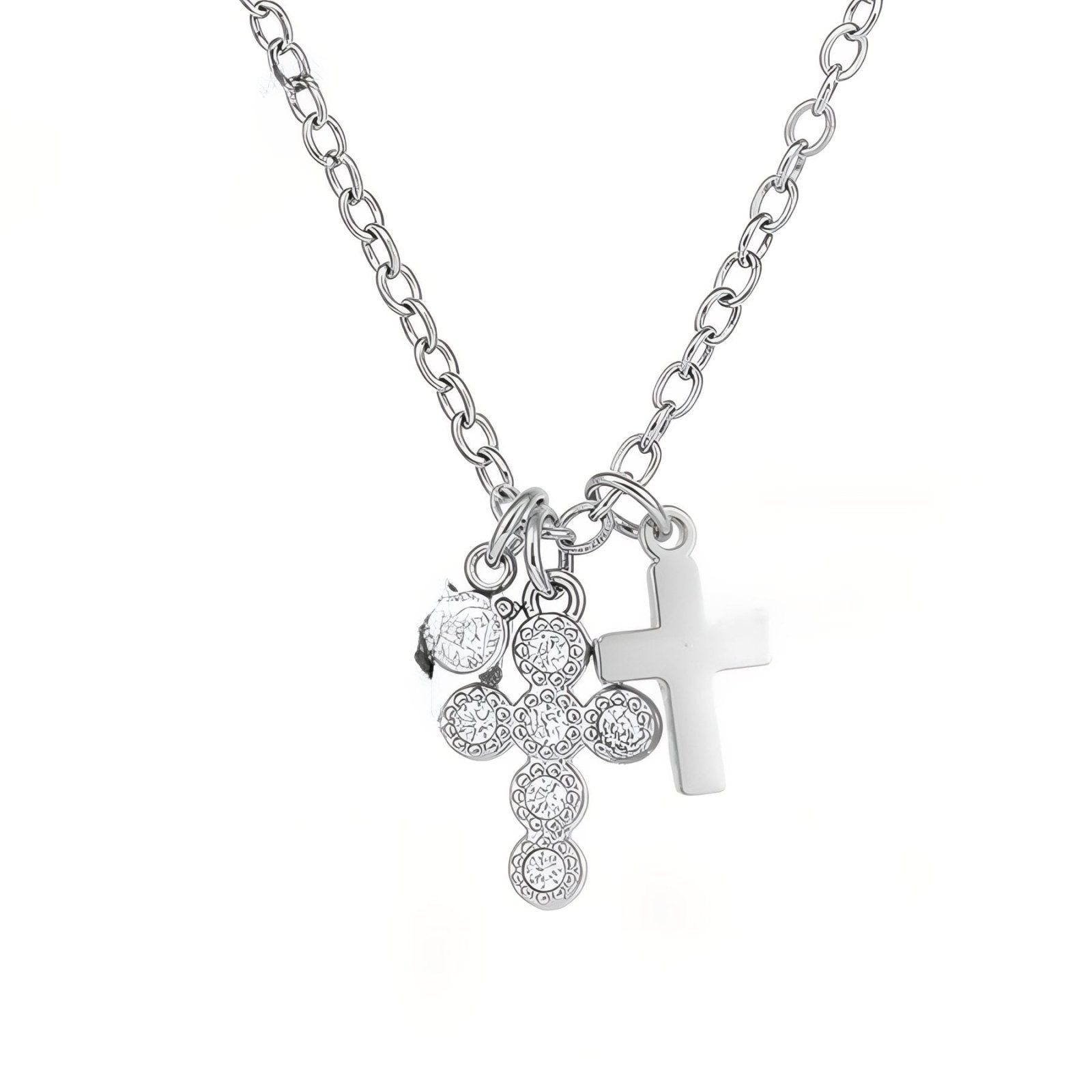 Collier pour femme pendentif croix double, style délicat et élégant, en acier inoxydable et zircons blancs