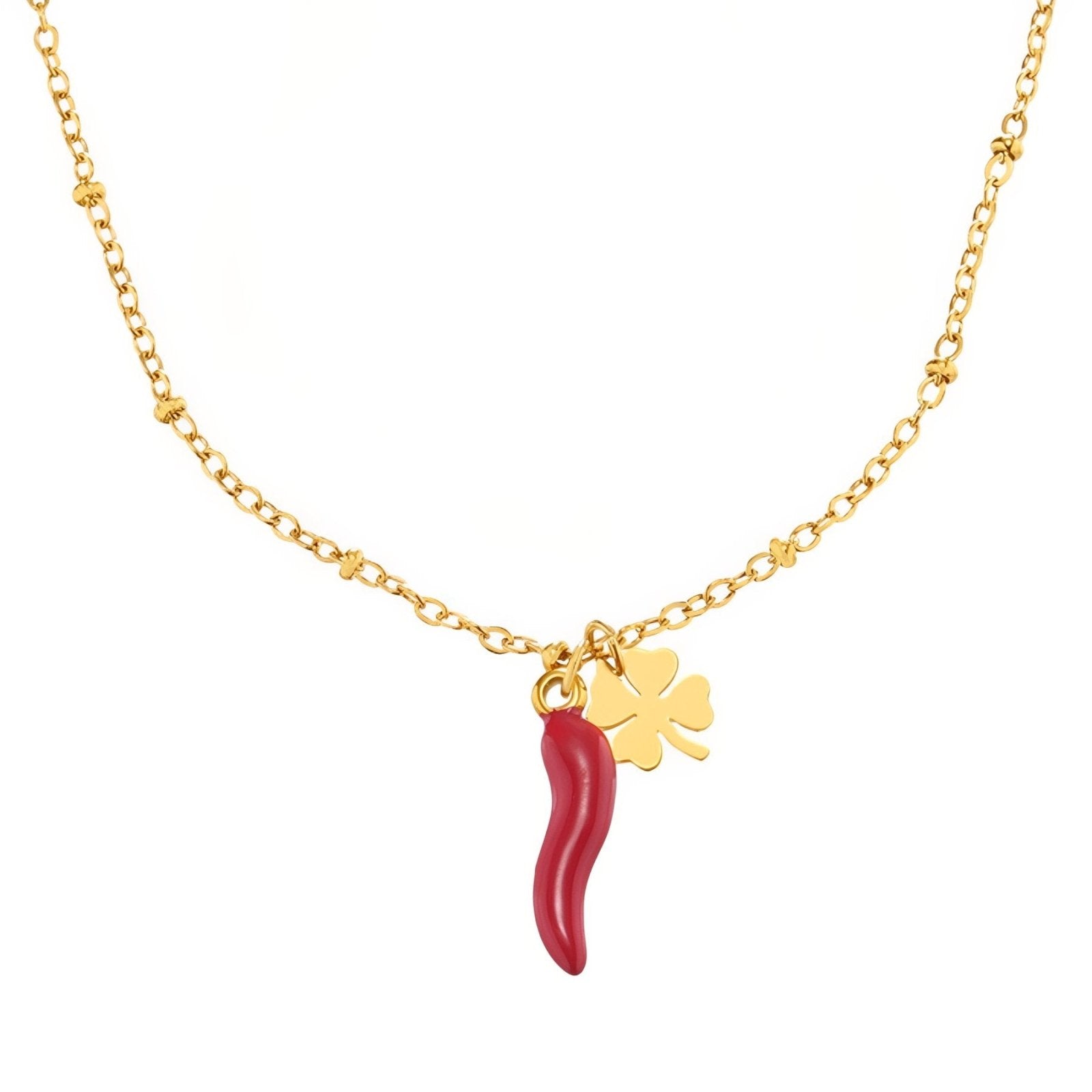 Collier pour femme symbolique, pendentif piment rouge et porte - bonheur trèfle, en acier inoxydable