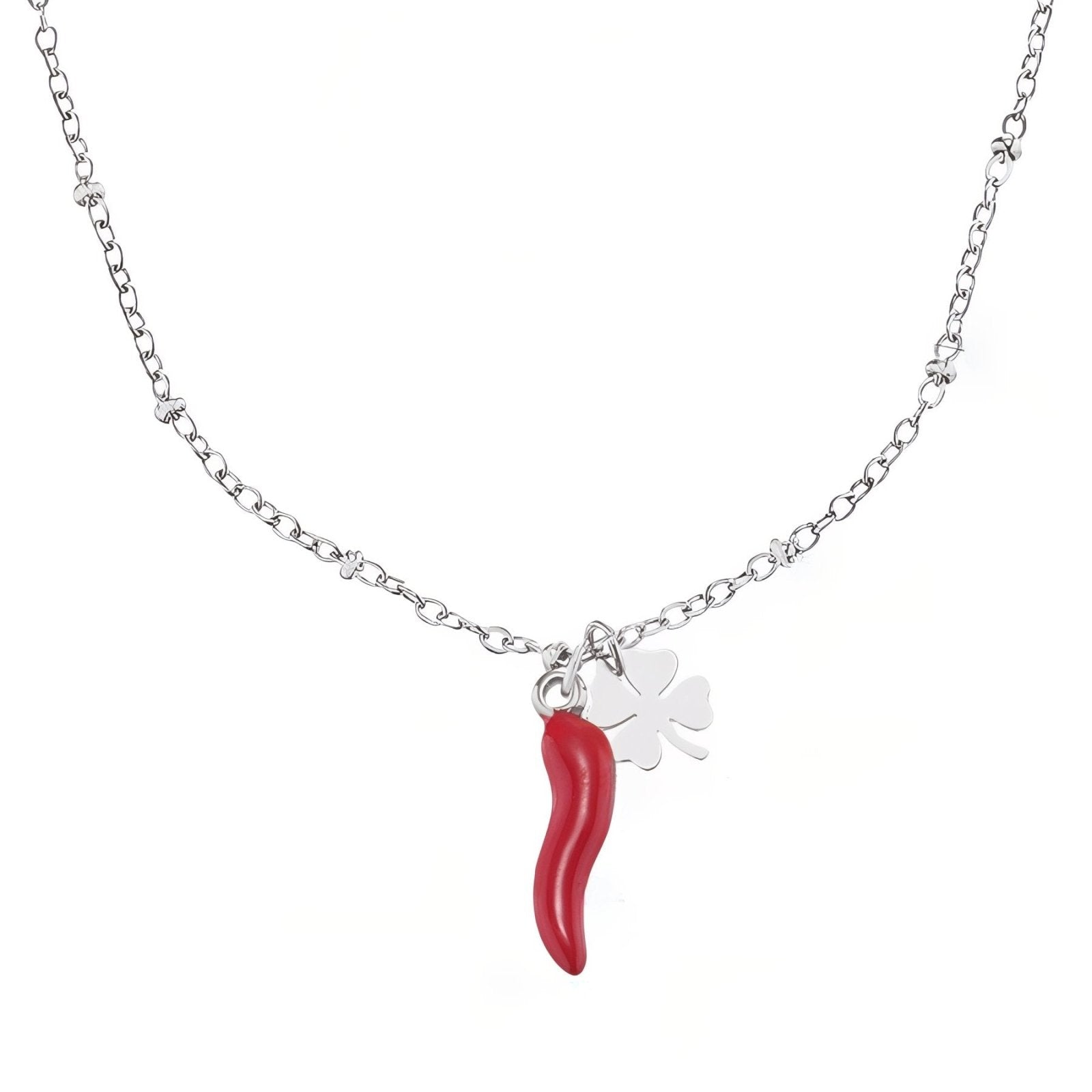 Collier pour femme symbolique, pendentif piment rouge et porte - bonheur trèfle, en acier inoxydable