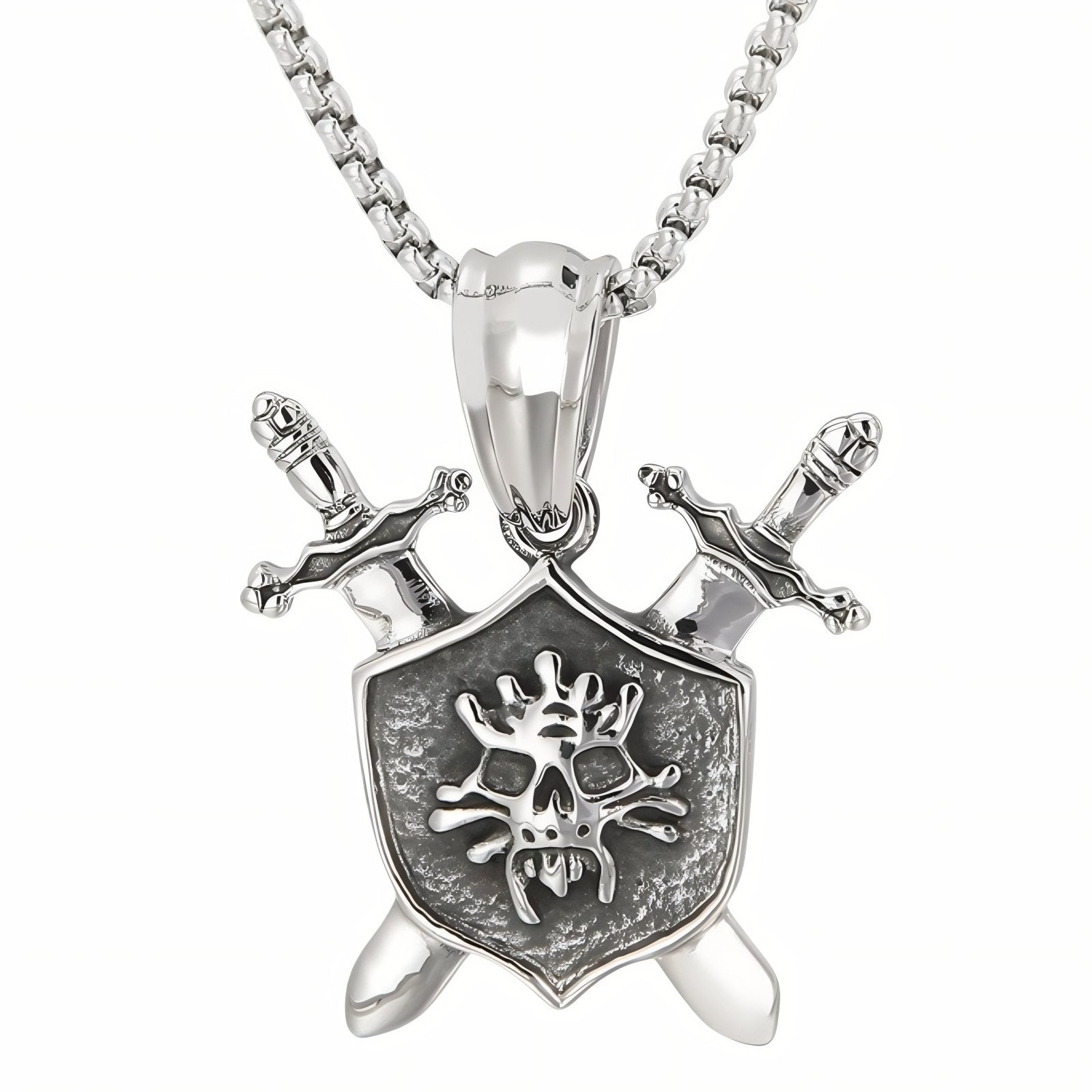 Collier pour homme, avec pendentif tête de mort guerrière et bouclier gothique, en acier inoxydable