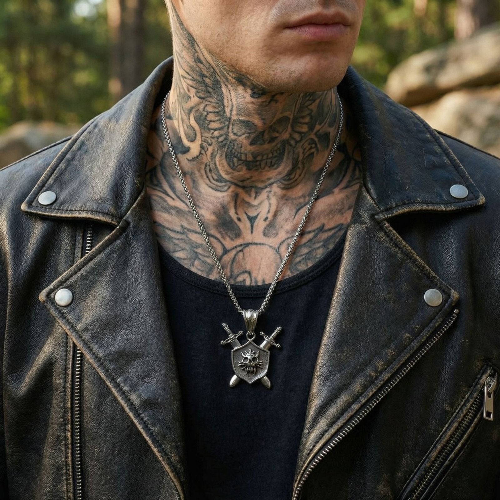 Collier pour homme, avec pendentif tête de mort guerrière et bouclier gothique, en acier inoxydable