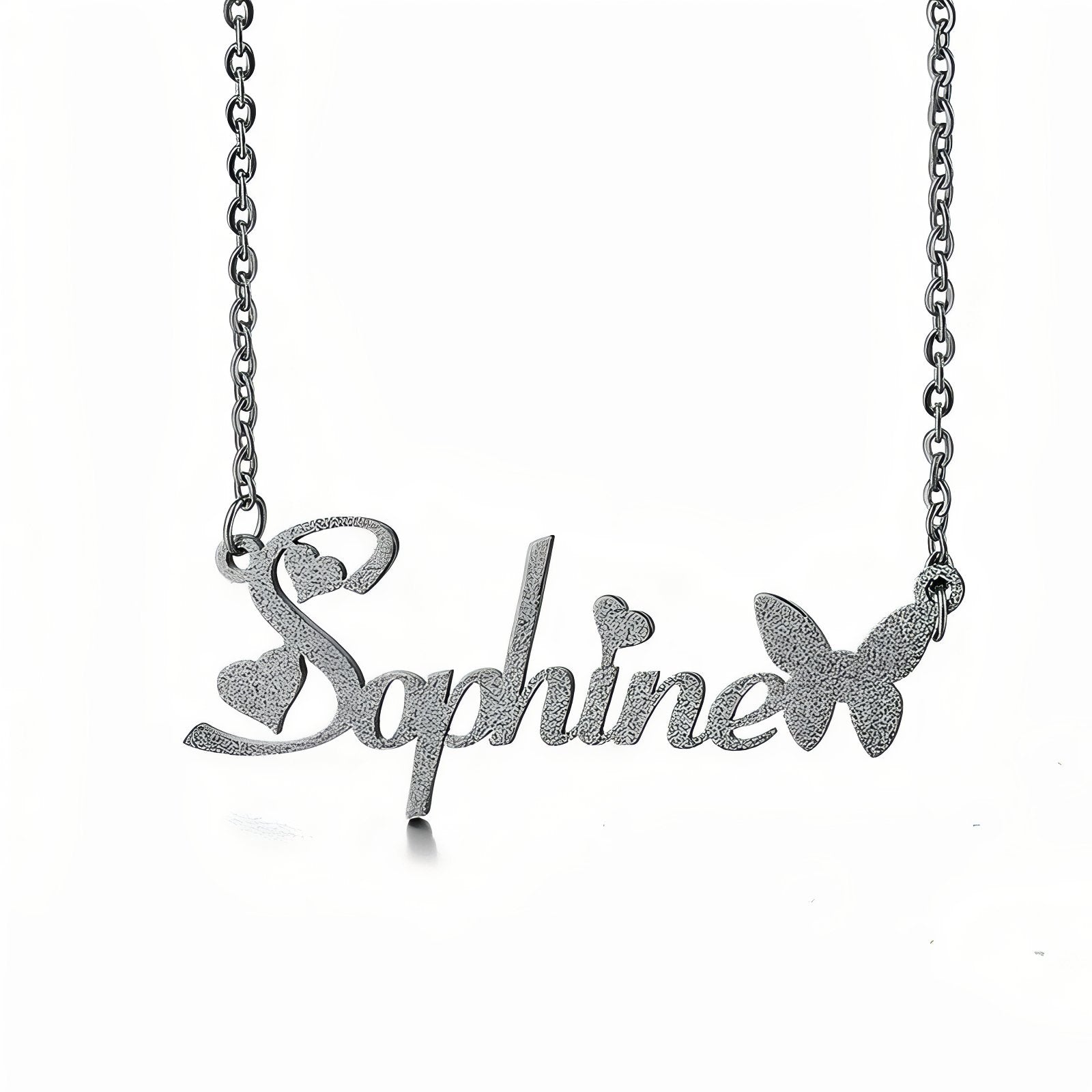 Collier prénom à graver avec papillon et cœurs, en acier inoxydable, modèle Butterfly