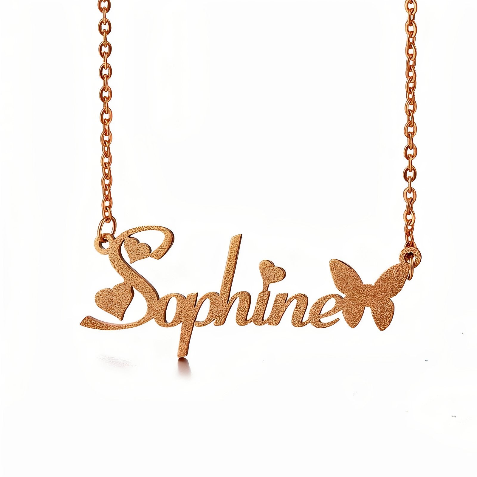 Collier prénom à graver avec papillon et cœurs, en acier inoxydable, modèle Butterfly