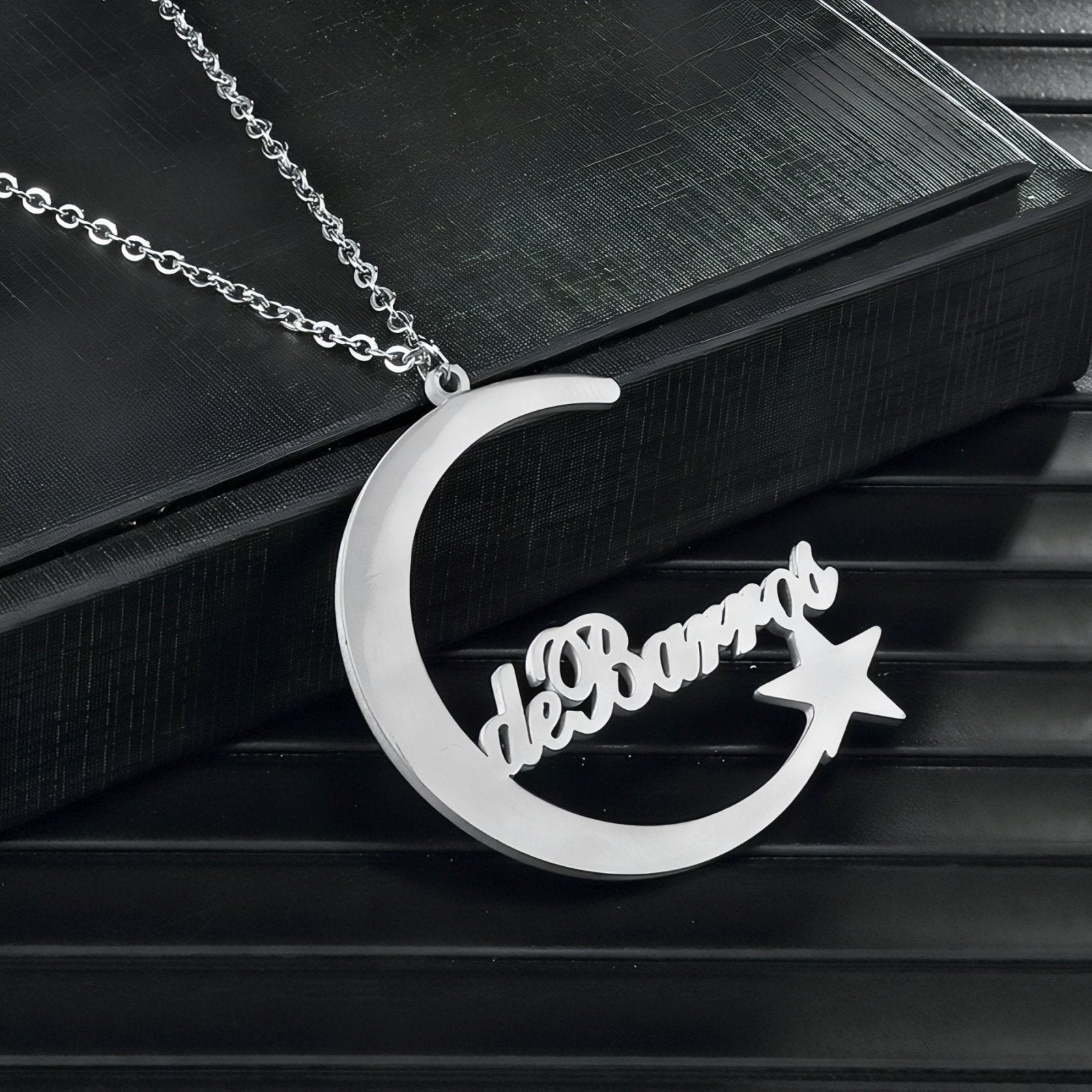 Collier prénom à graver, pendentif lune et étoile en acier inoxydable, modèle Dream