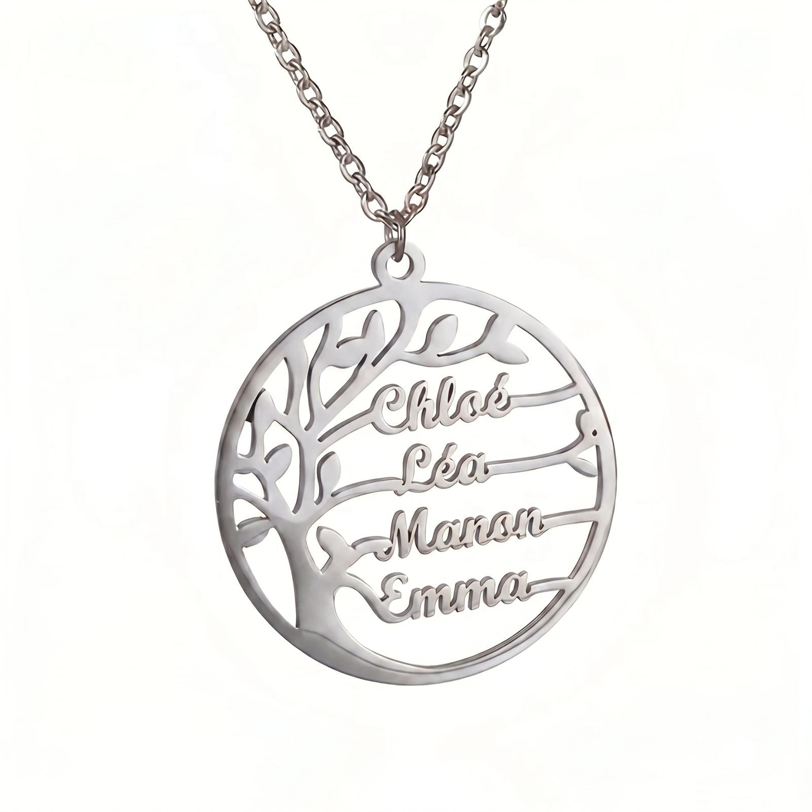 Collier prénom arbre de vie personnalisé, acier inoxydable, gravure jusqu’à 4 prénoms