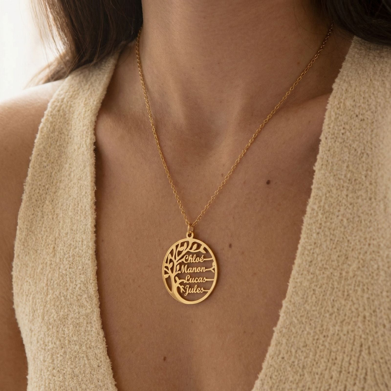 Collier prénom arbre de vie personnalisé, acier inoxydable, gravure jusqu’à 4 prénoms