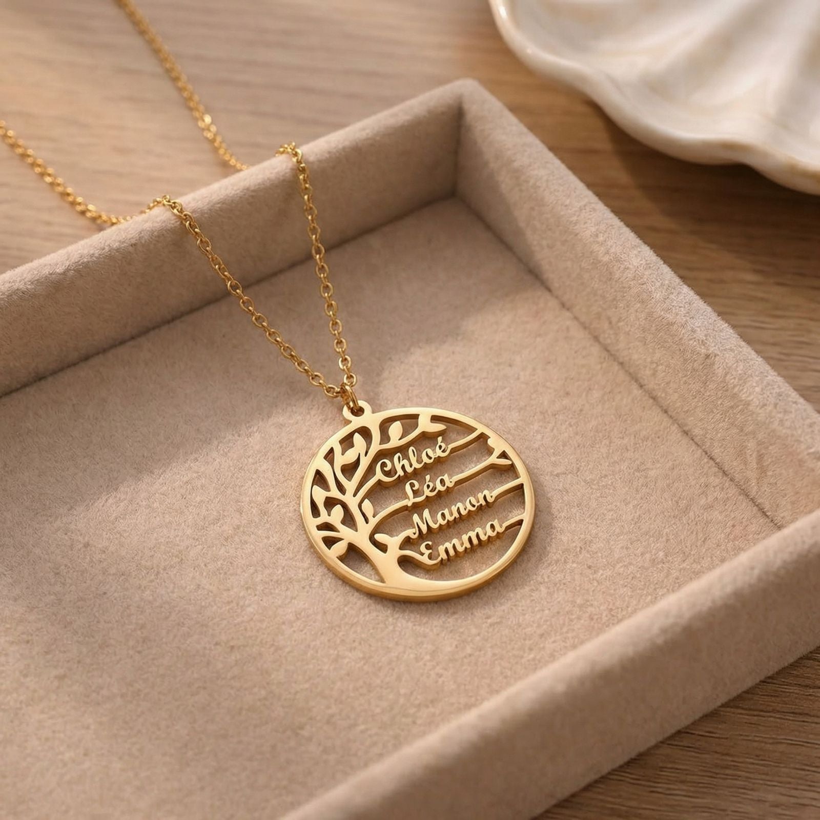 Collier prénom arbre de vie personnalisé, acier inoxydable, gravure jusqu’à 4 prénoms