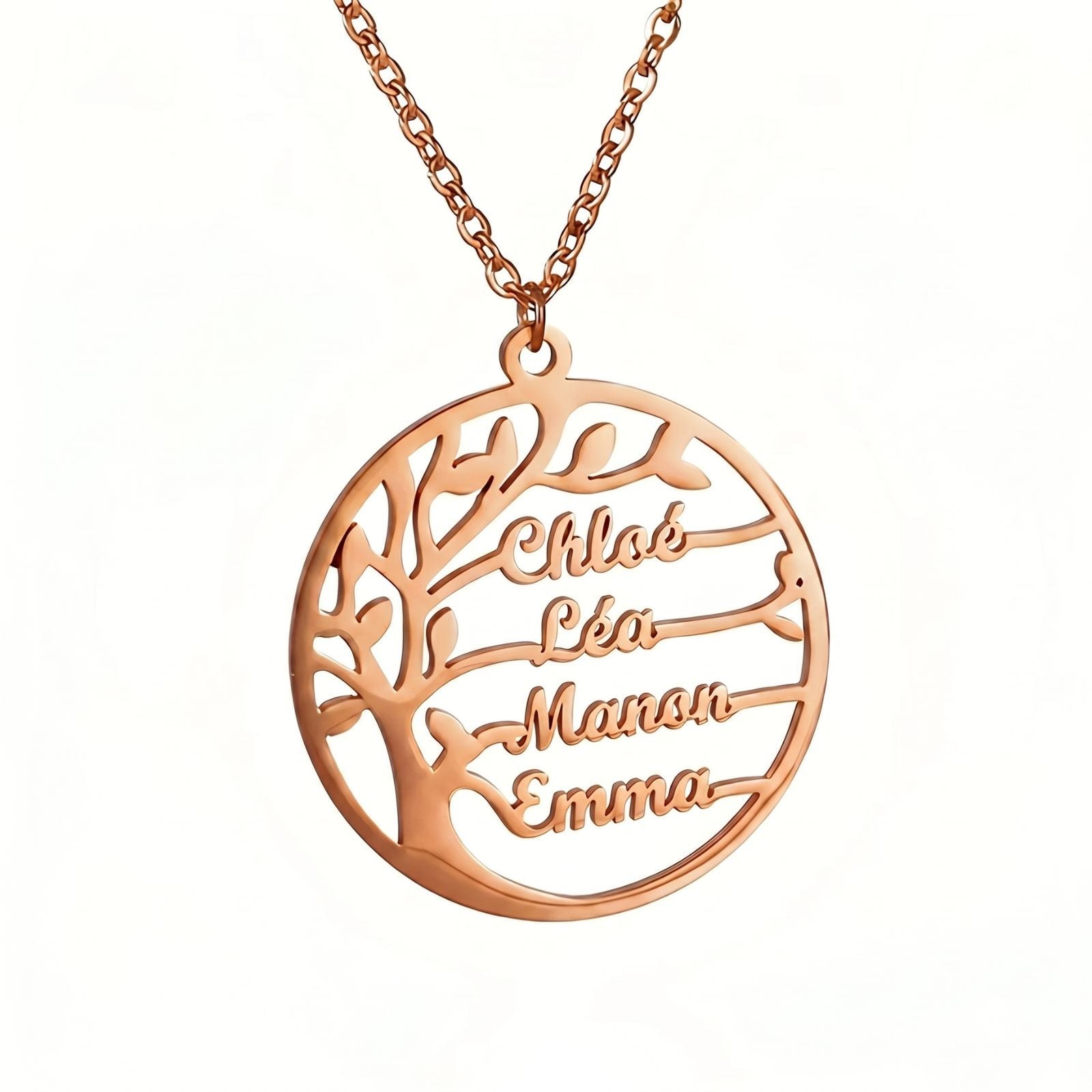 Collier prénom arbre de vie personnalisé, acier inoxydable, gravure jusqu’à 4 prénoms