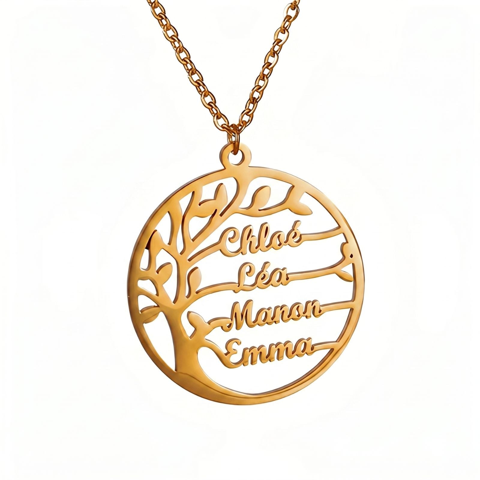 Collier prénom arbre de vie personnalisé, acier inoxydable, gravure jusqu’à 4 prénoms