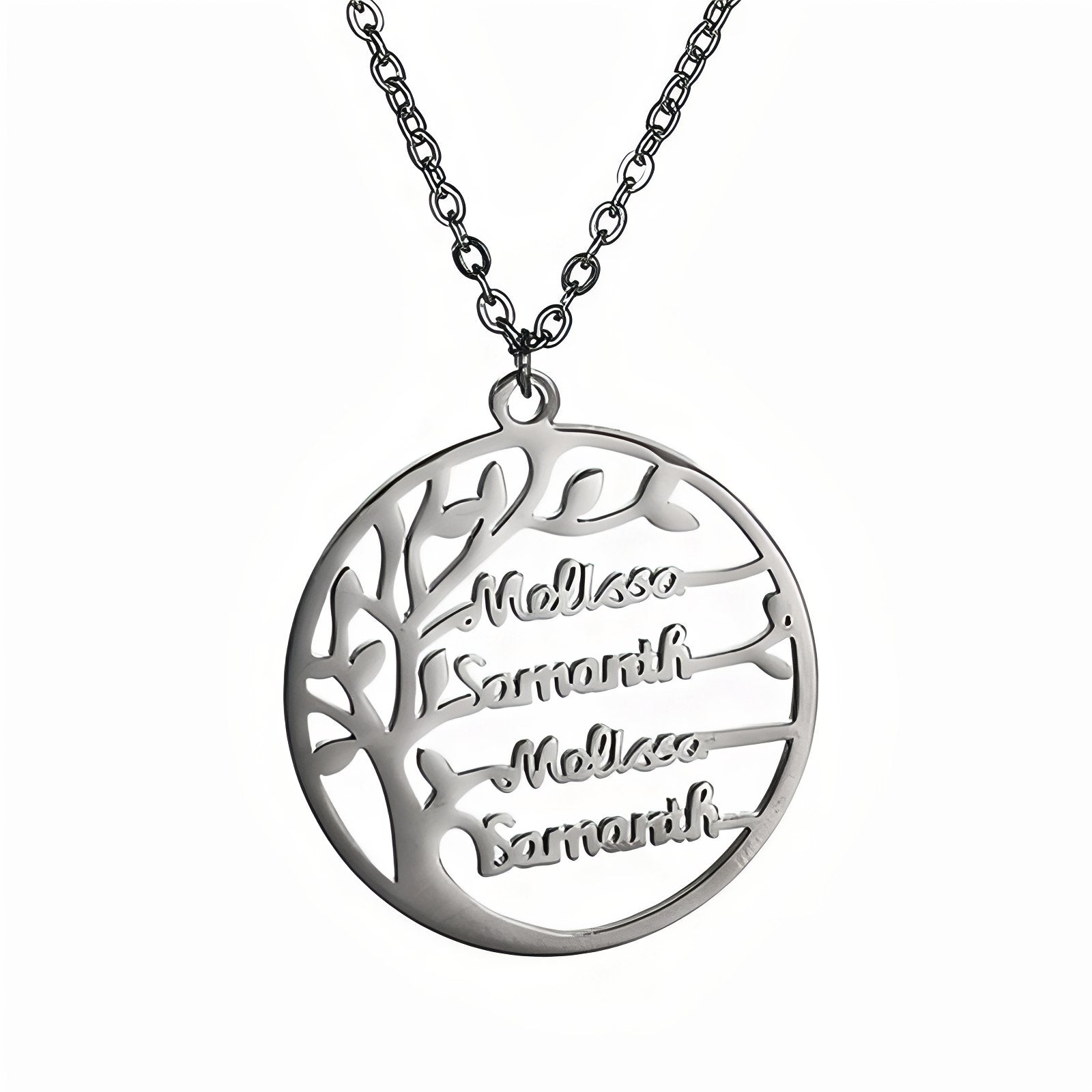 Collier prénom arbre de vie personnalisé, acier inoxydable, gravure jusqu’à 4 prénoms, modèle Life