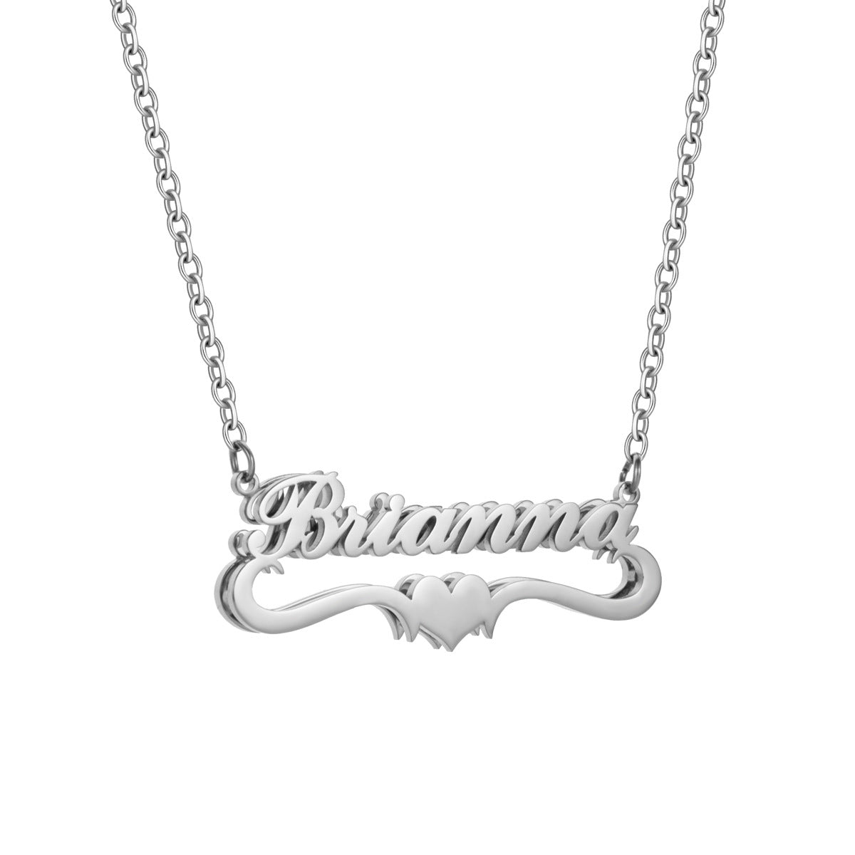 Collier prénom chic avec ornement double vague et cœur, doré ou argenté, modèle Valentina