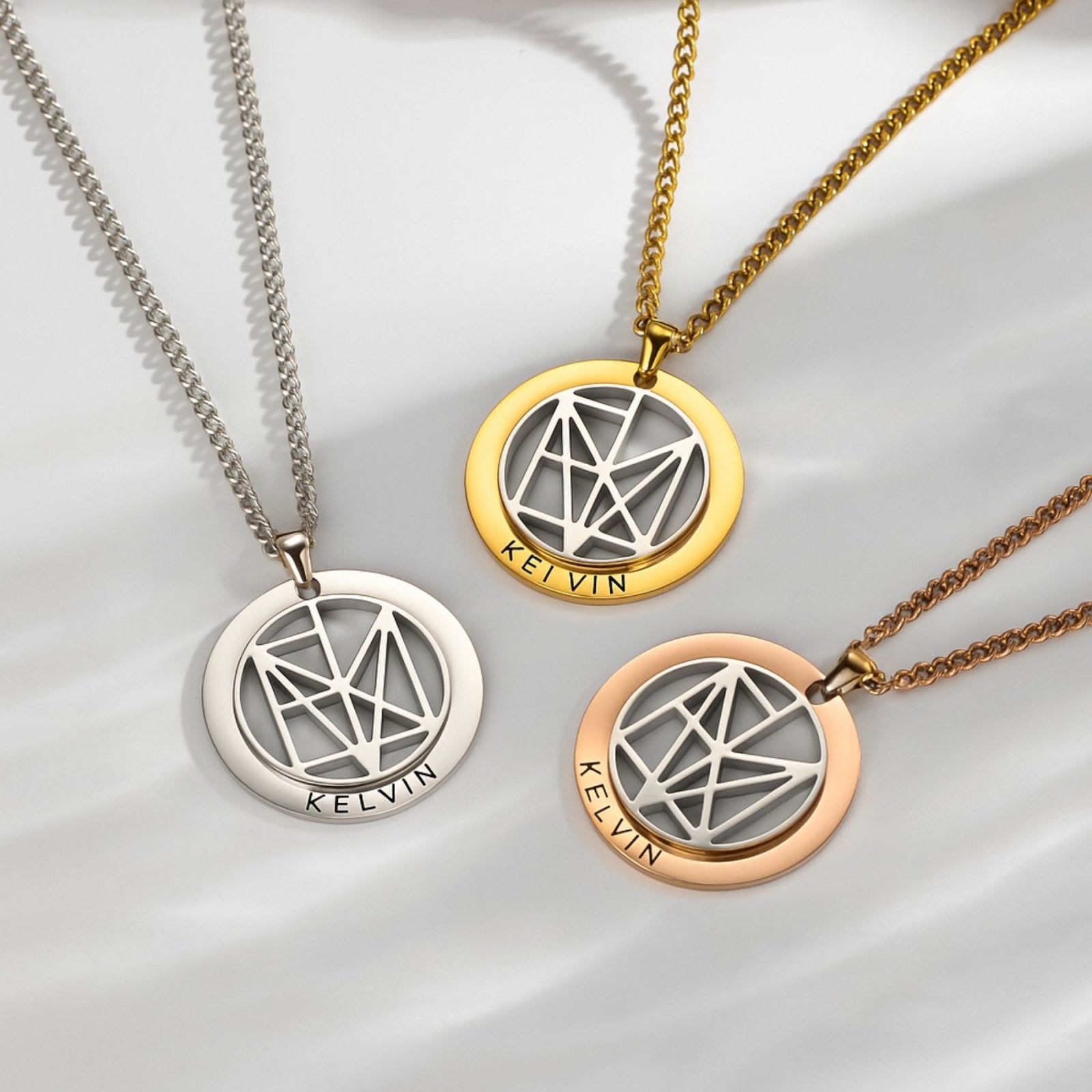 Collier prénom gravé style géométrique, pendentif rond en acier inoxydable, homme ou femme